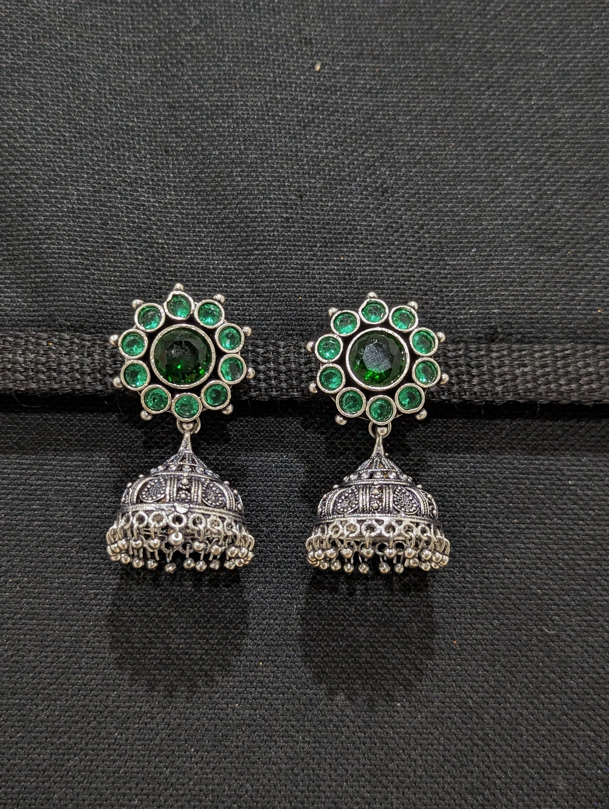 Oxidized silver CZ jhumka earrings - 2 designs - Simpliful