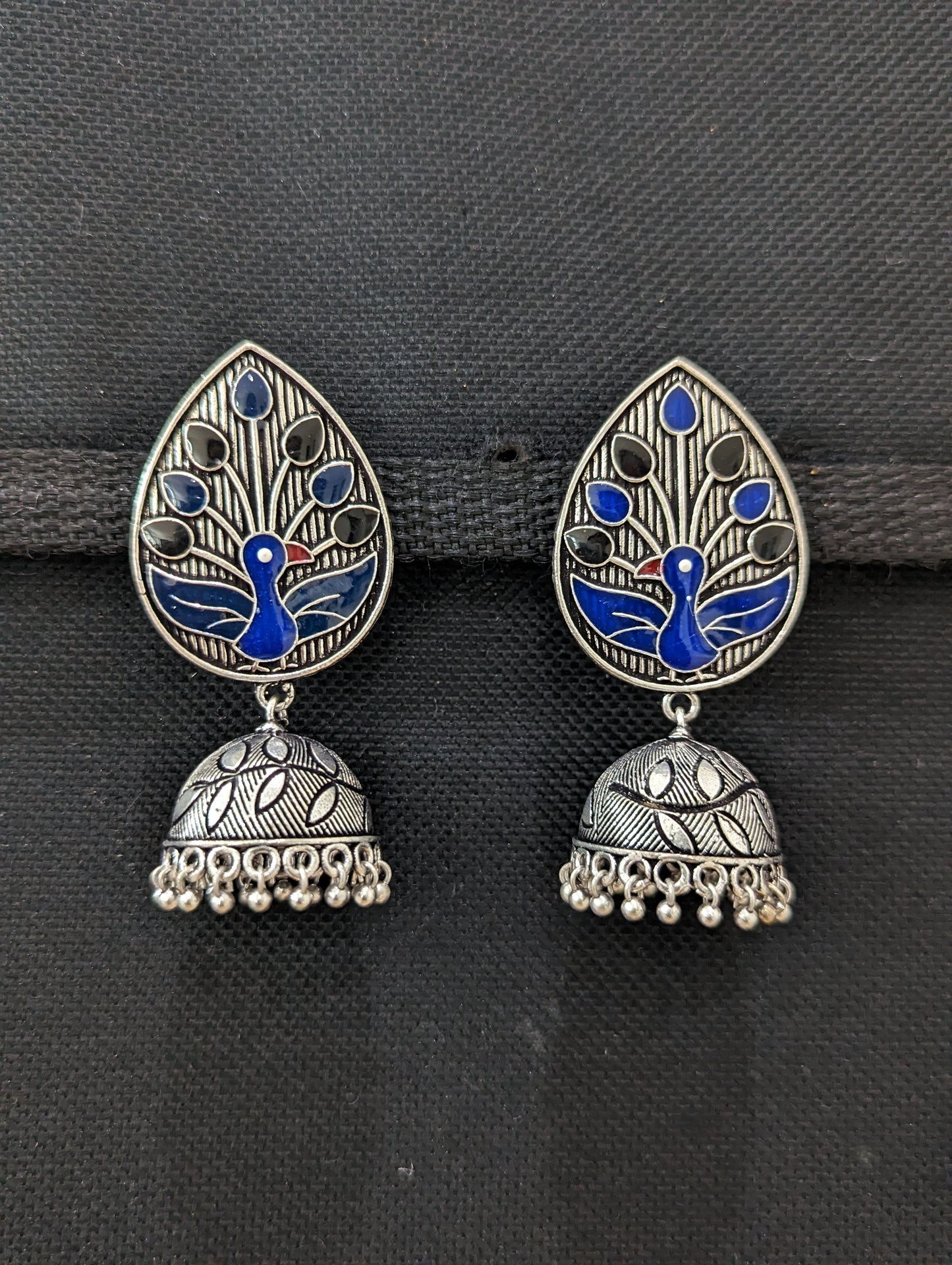 Oxidized silver Polki Jhumka Earrings - Medium size