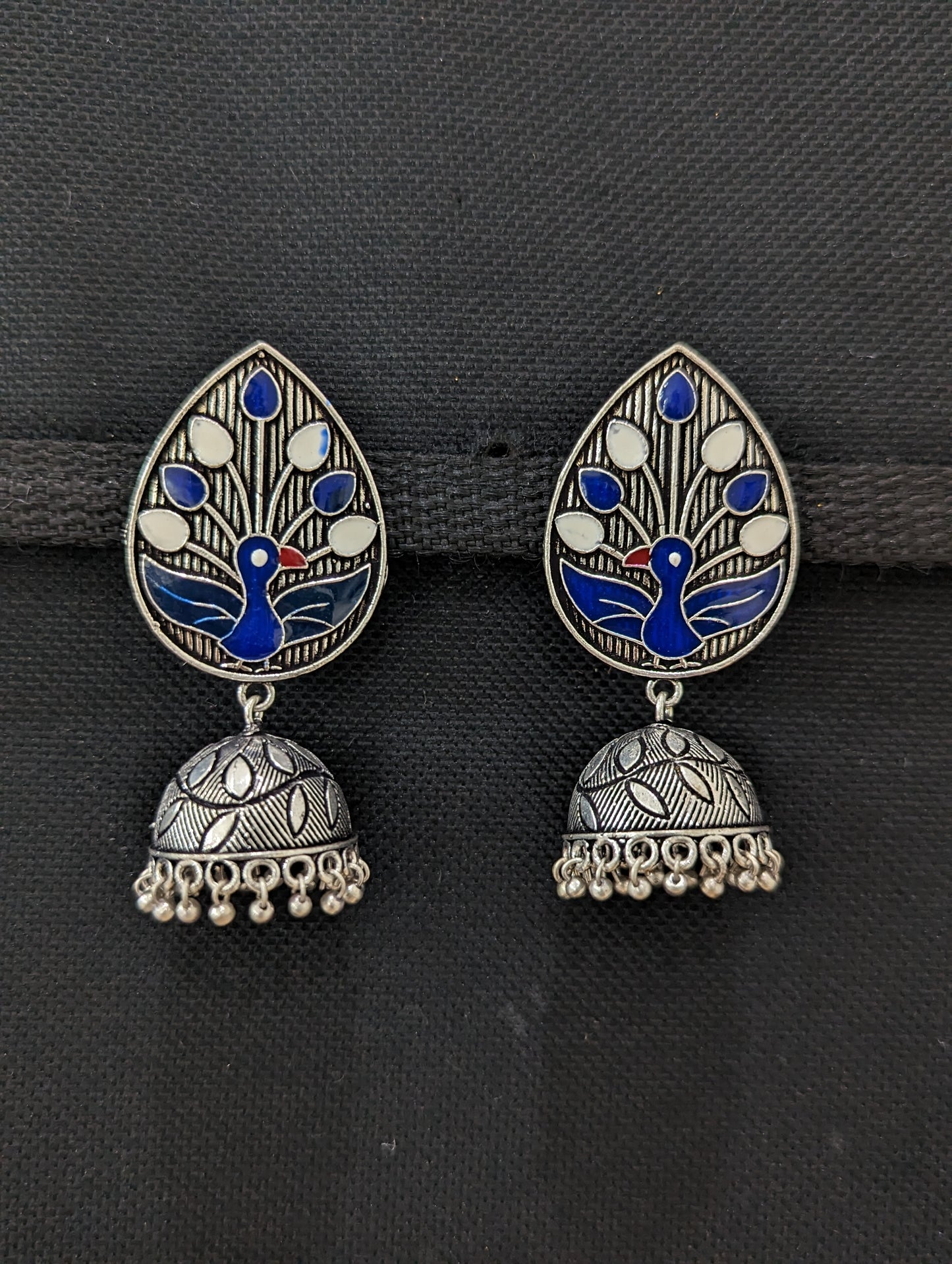 Oxidized silver Polki Jhumka Earrings - Medium size