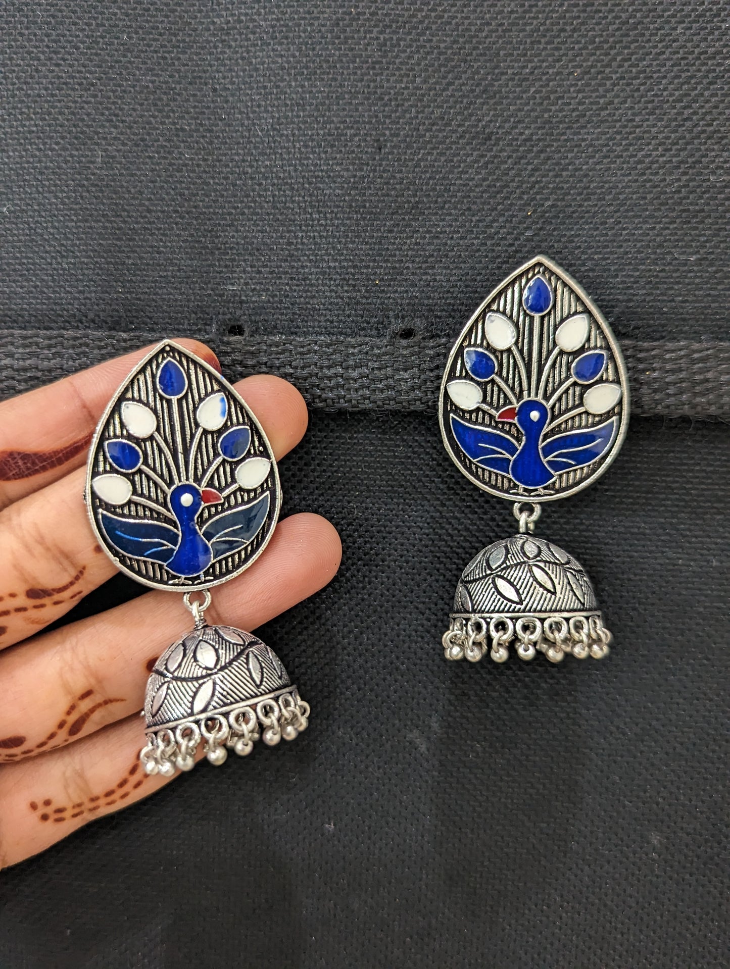 Oxidized silver Polki Jhumka Earrings - Medium size