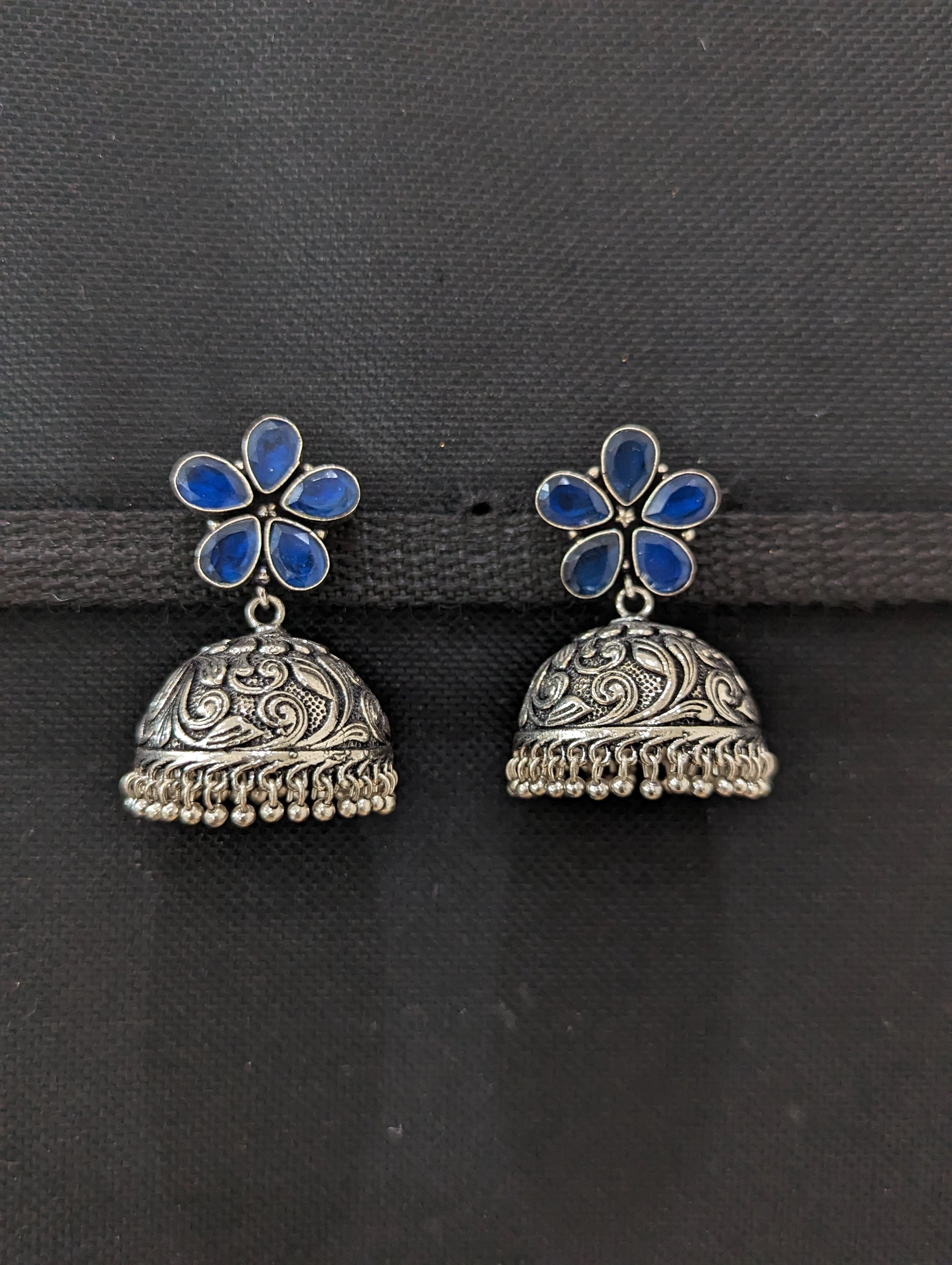 Flower stud CZ Oxidized Silver Large Jhumka Earrings - Simpliful