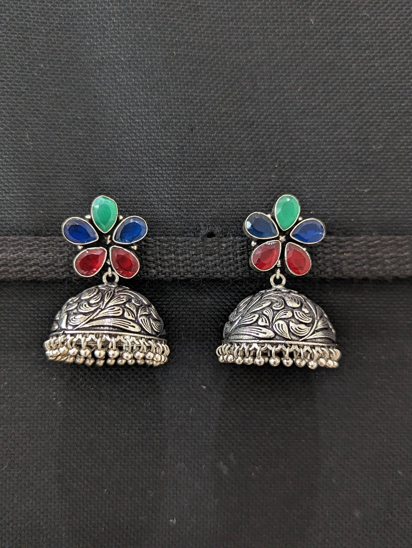 Flower stud CZ Oxidized Silver Large Jhumka Earrings