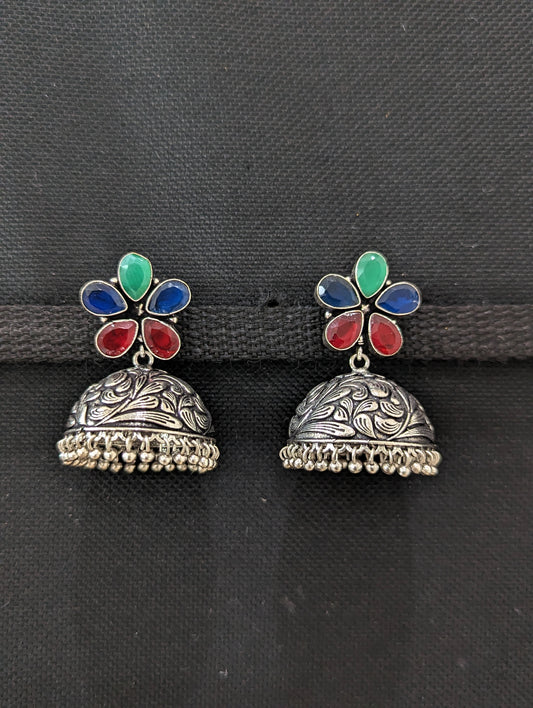 Flower stud CZ Oxidized Silver Large Jhumka Earrings - Simpliful