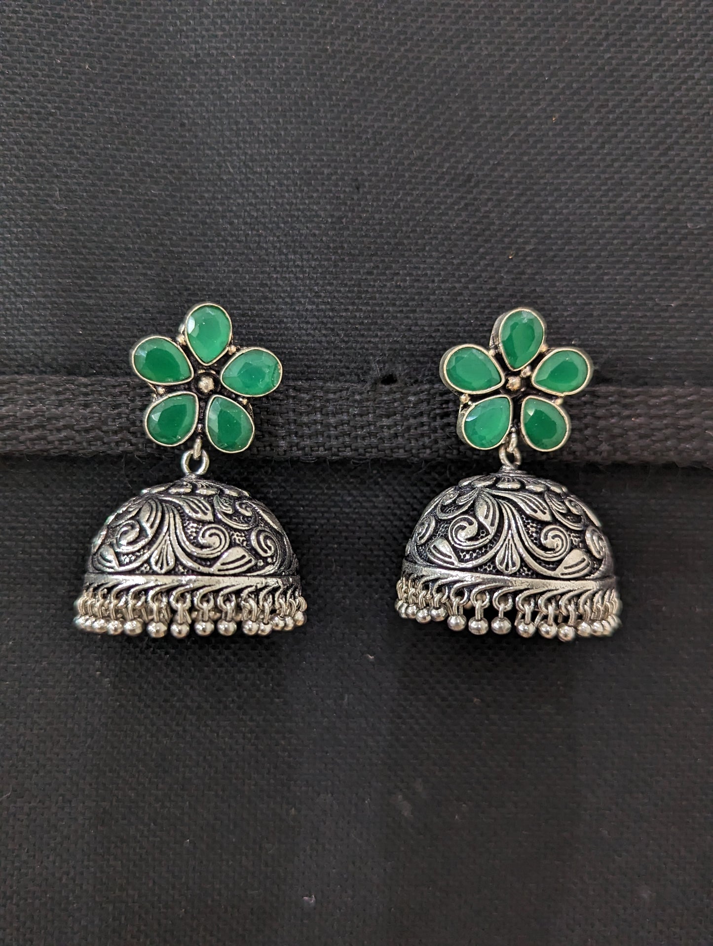 Flower stud CZ Oxidized Silver Large Jhumka Earrings