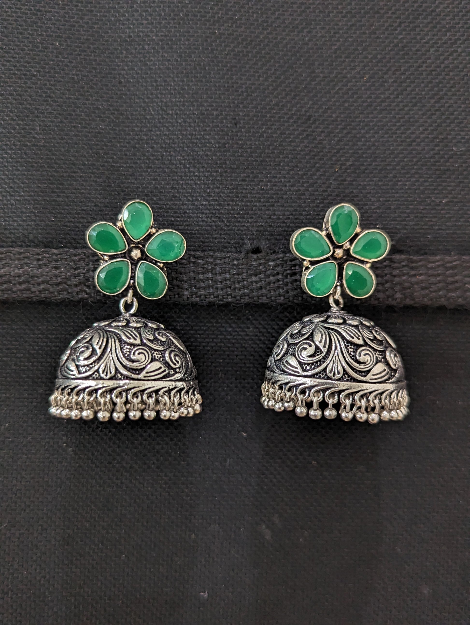 Flower stud CZ Oxidized Silver Large Jhumka Earrings - Simpliful