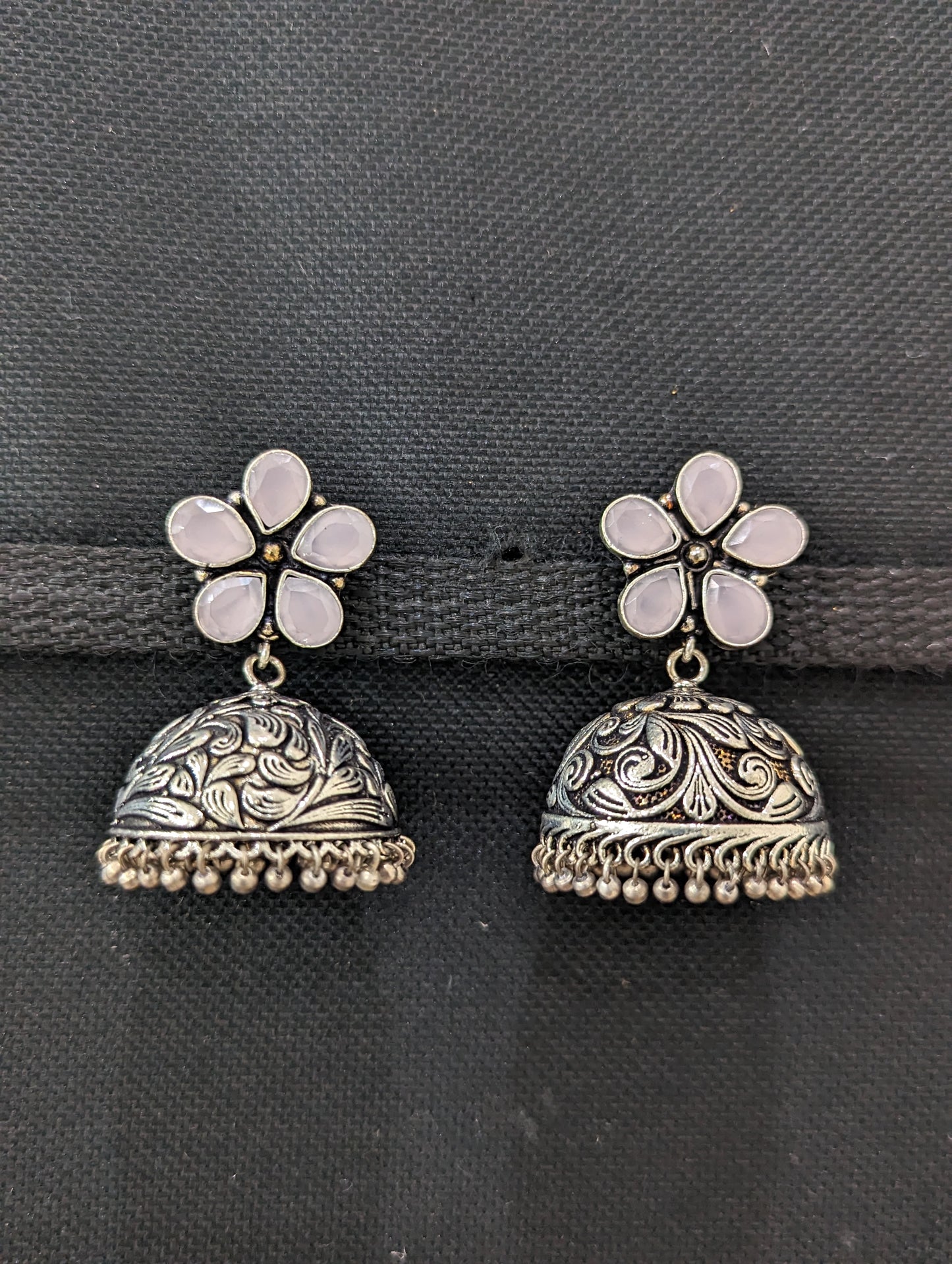 Flower stud CZ Oxidized Silver Large Jhumka Earrings - Simpliful
