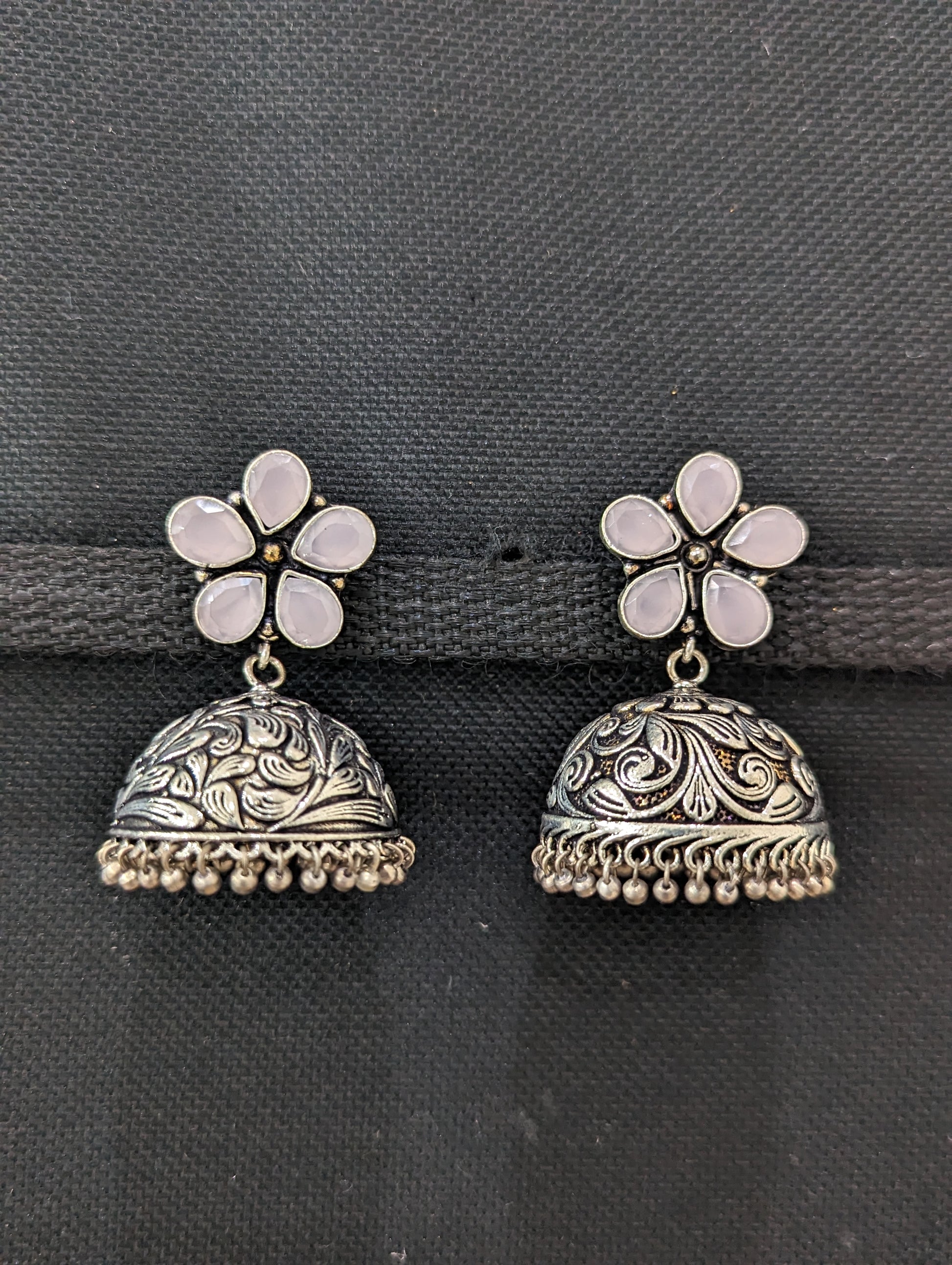 Flower stud CZ Oxidized Silver Large Jhumka Earrings - Simpliful