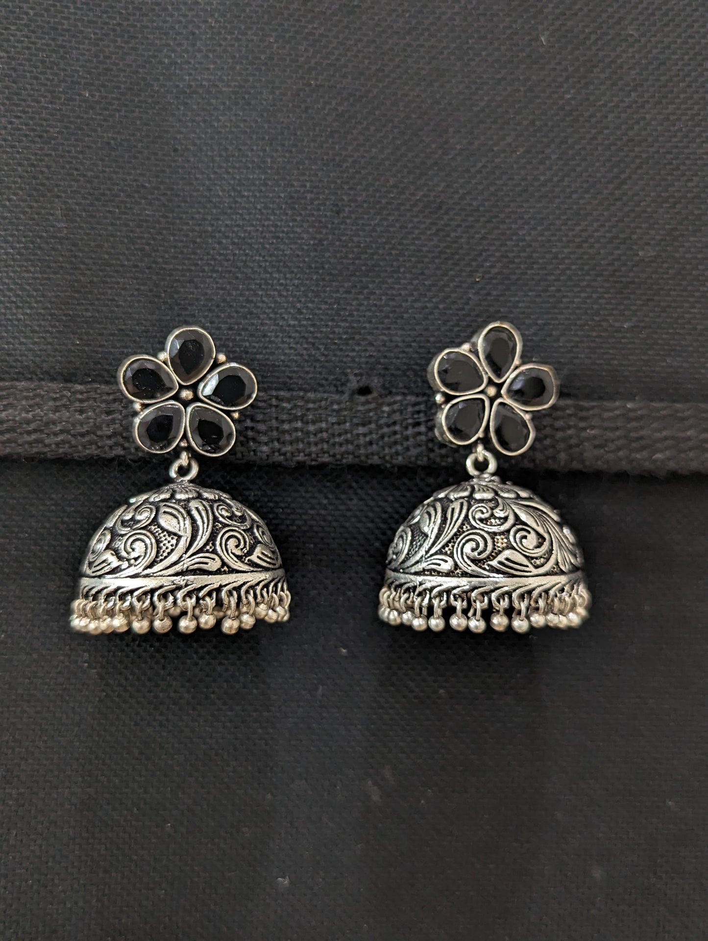 Flower stud CZ Oxidized Silver Large Jhumka Earrings - Simpliful