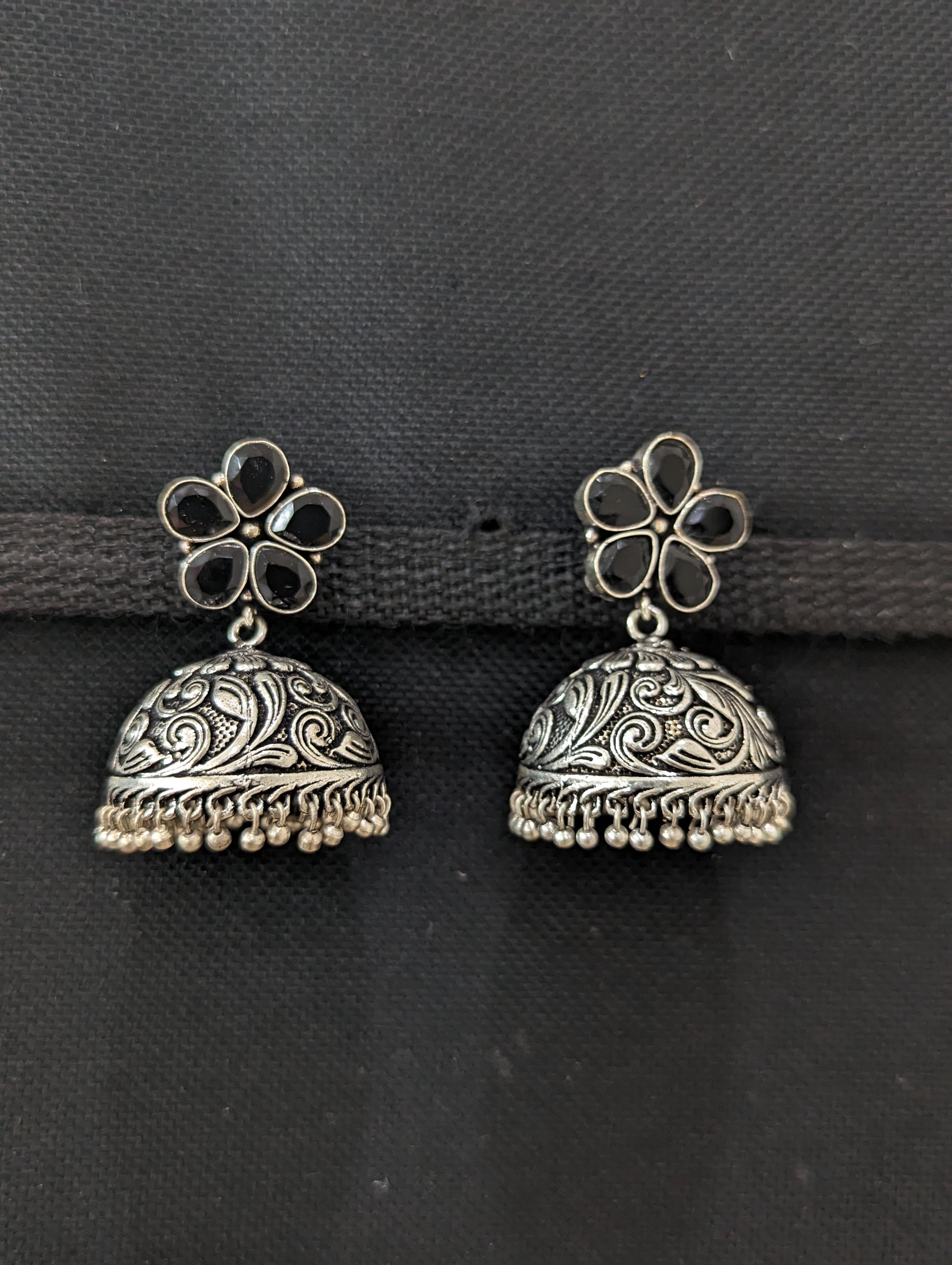 Flower stud CZ Oxidized Silver Large Jhumka Earrings - Simpliful