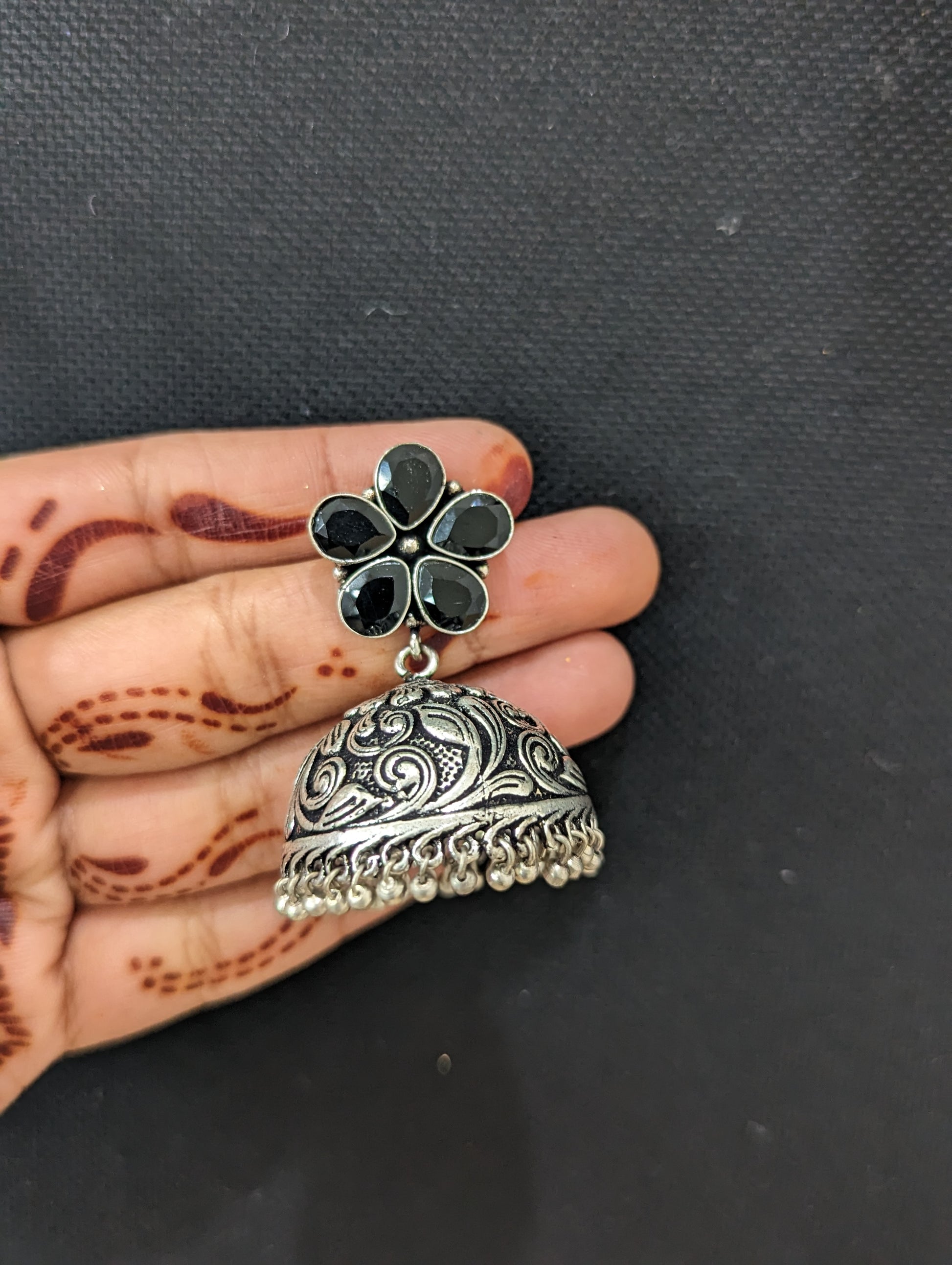 Flower stud CZ Oxidized Silver Large Jhumka Earrings - Simpliful