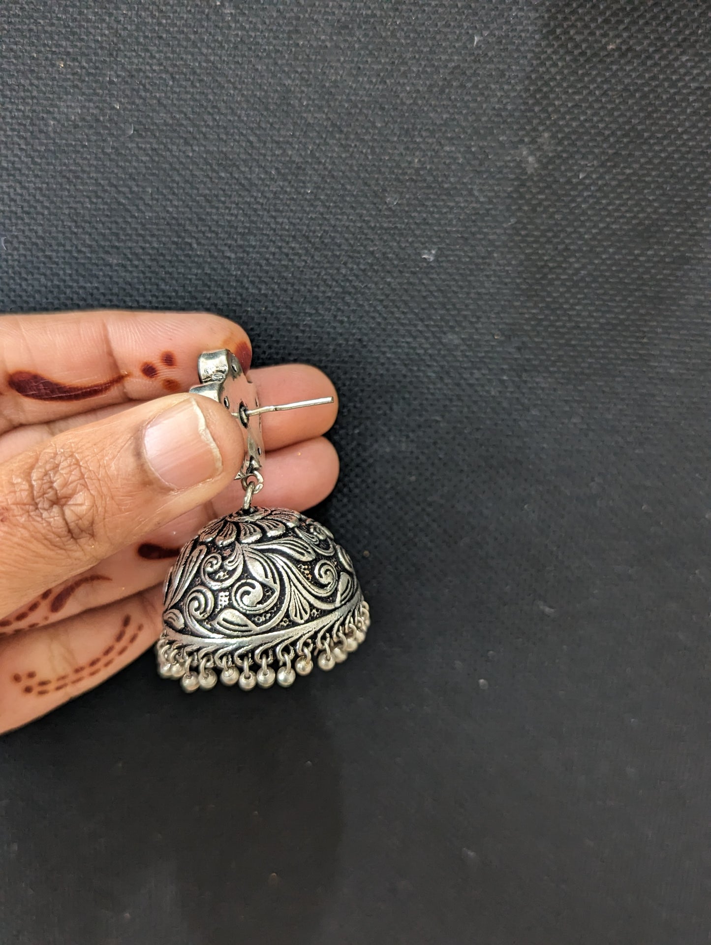 Flower stud CZ Oxidized Silver Large Jhumka Earrings