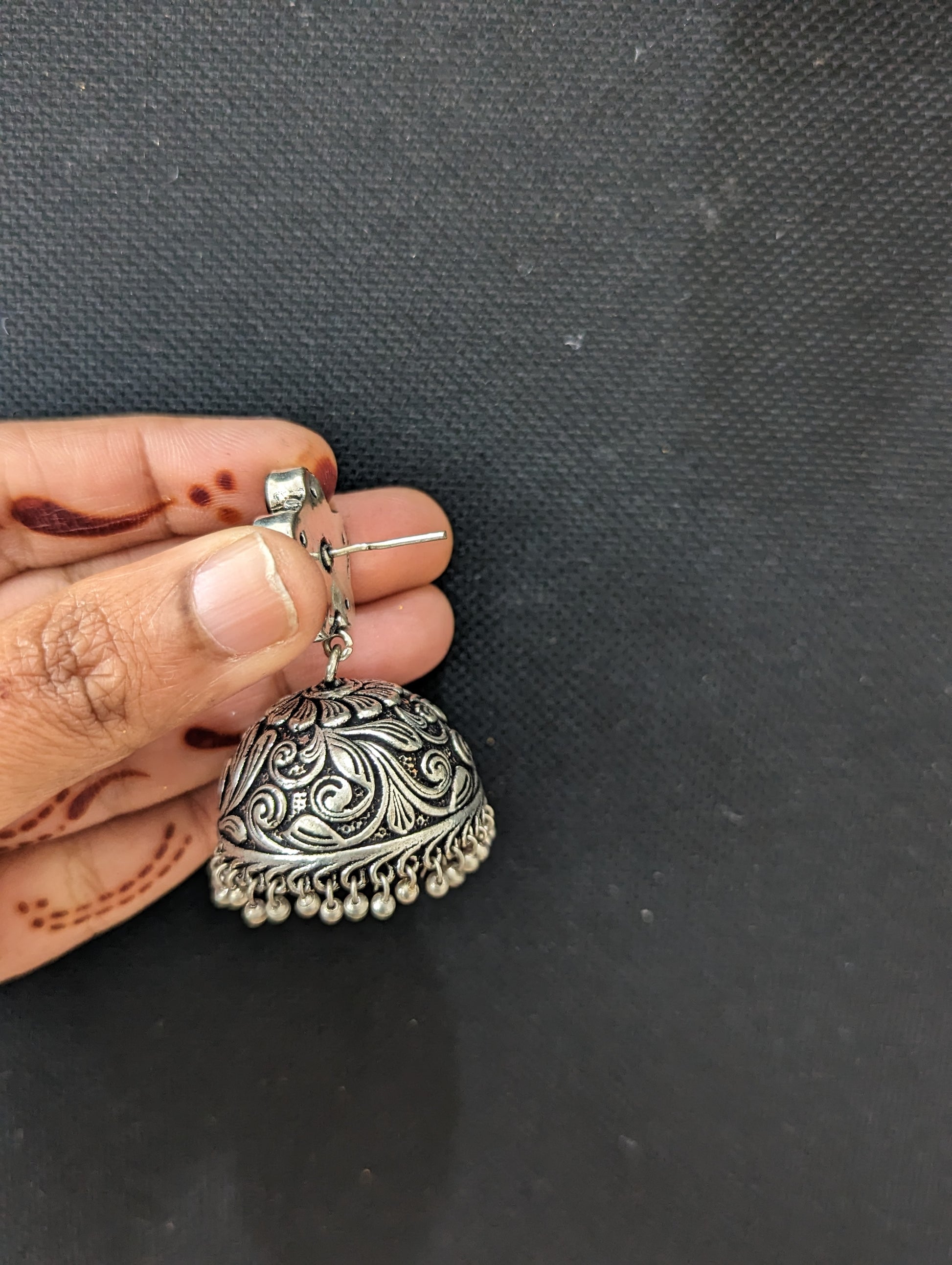 Flower stud CZ Oxidized Silver Large Jhumka Earrings - Simpliful