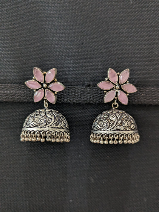 Star stud CZ Oxidized Silver Large Jhumka Earrings - Simpliful