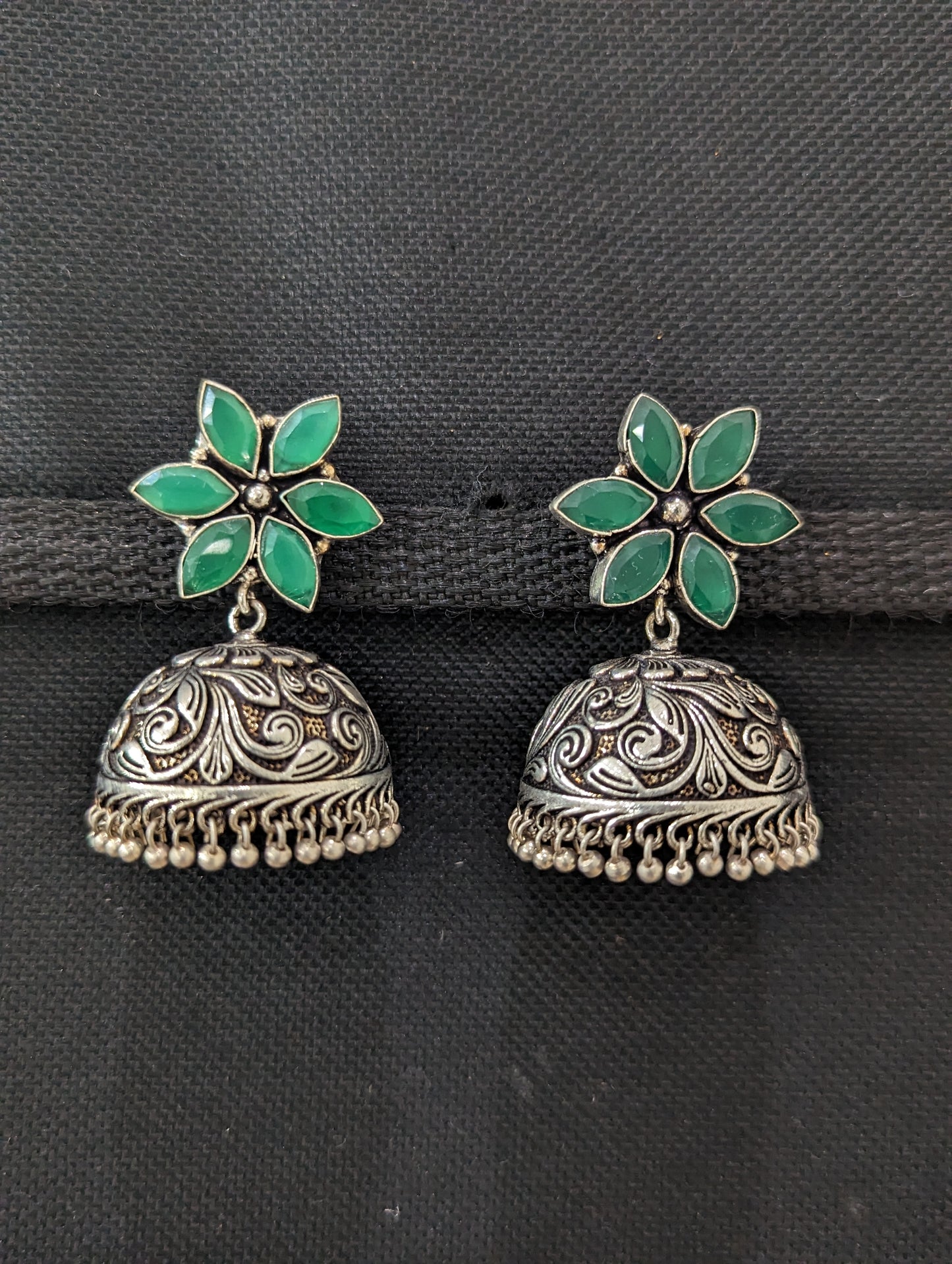 Star stud CZ Oxidized Silver Large Jhumka Earrings - Simpliful