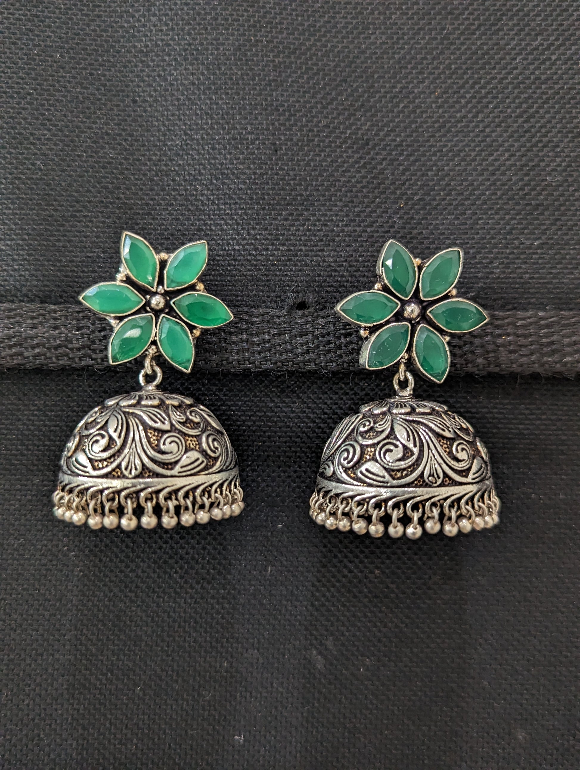 Star stud CZ Oxidized Silver Large Jhumka Earrings - Simpliful