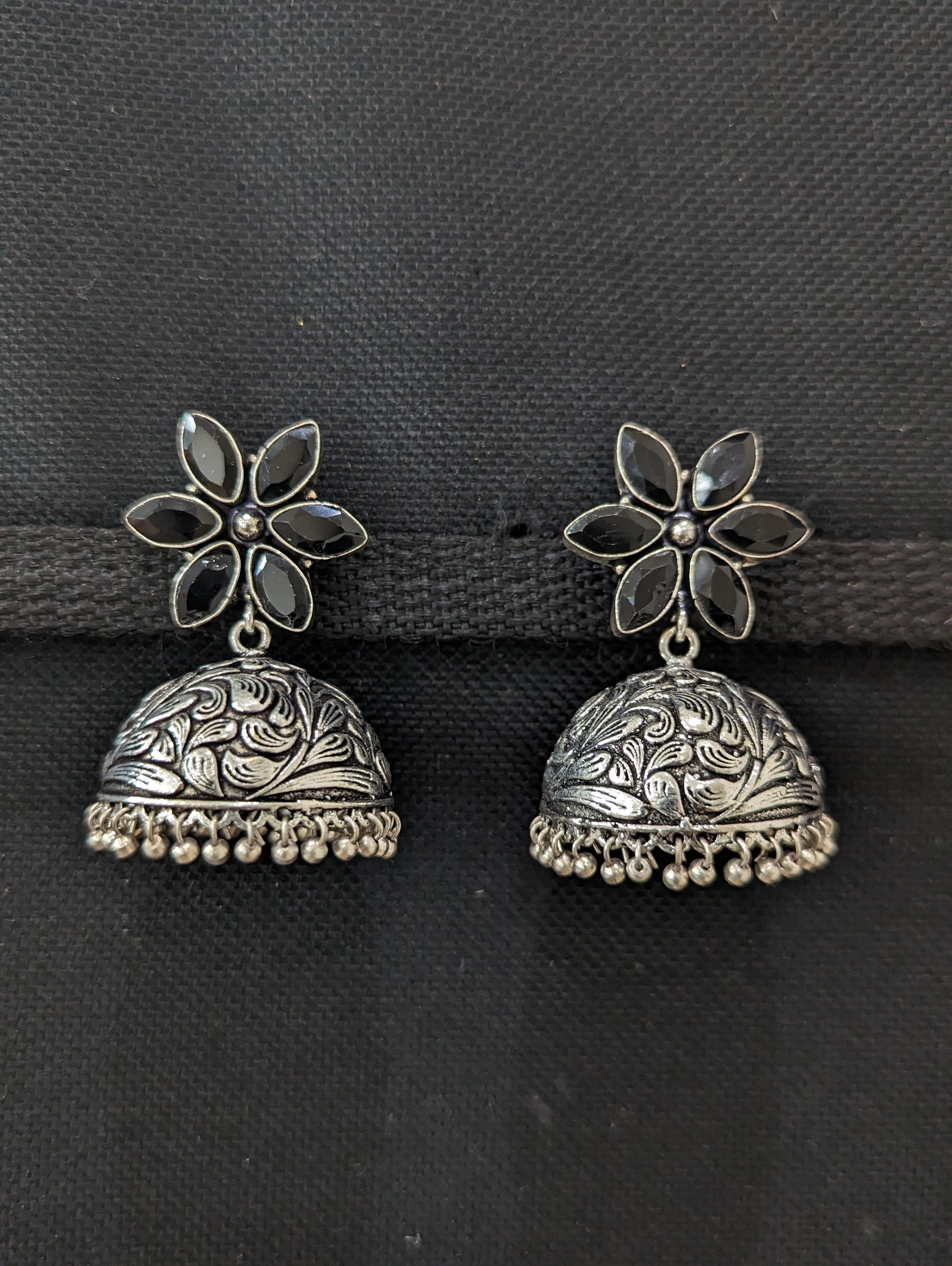 Star stud CZ Oxidized Silver Large Jhumka Earrings - Simpliful