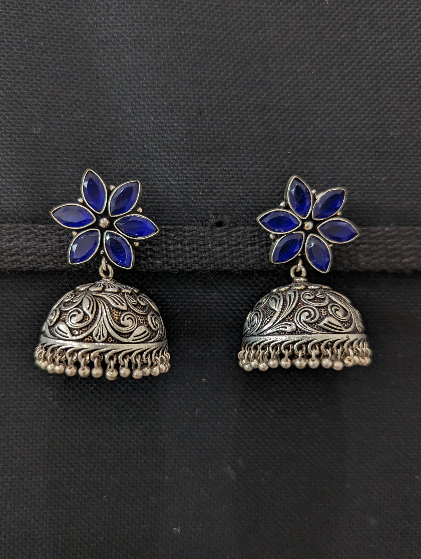Star stud CZ Oxidized Silver Large Jhumka Earrings - Simpliful