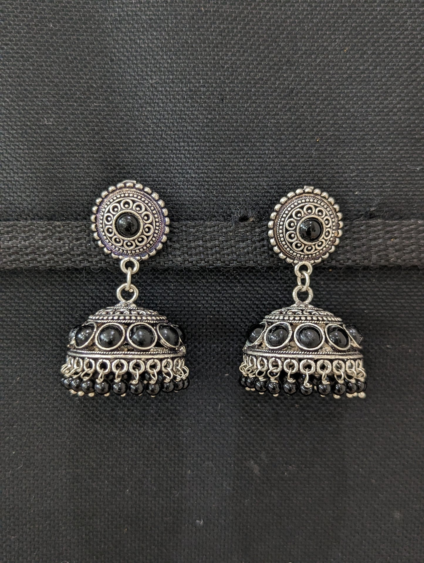 Oxidized silver Polki Jhumka Earrings - Medium size