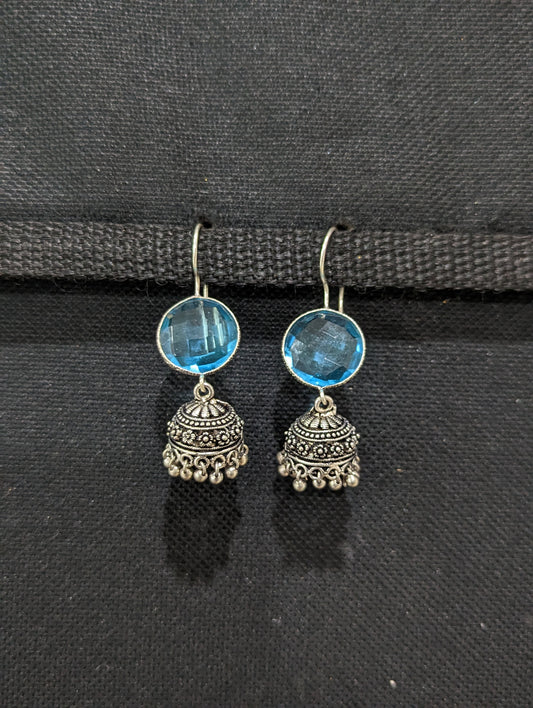 Oxidized silver colorful hook drop jhumka Earrings - 2 designs - Simpliful