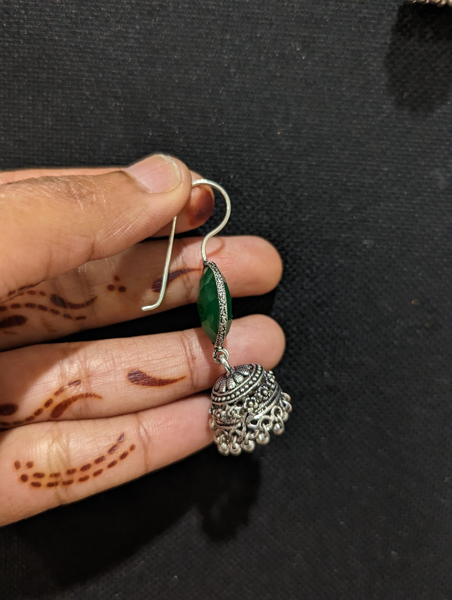 Oxidized silver colorful hook drop jhumka Earrings - 2 designs - Simpliful