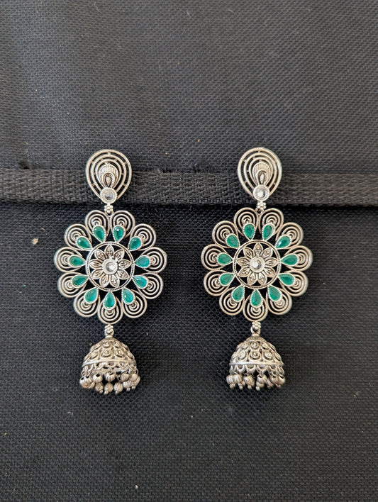 Green CZ silver matte jhumka earrings - Simpliful