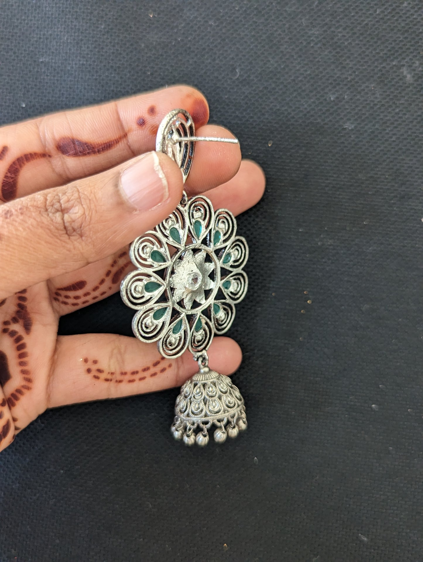 Green CZ silver matte jhumka earrings - Simpliful