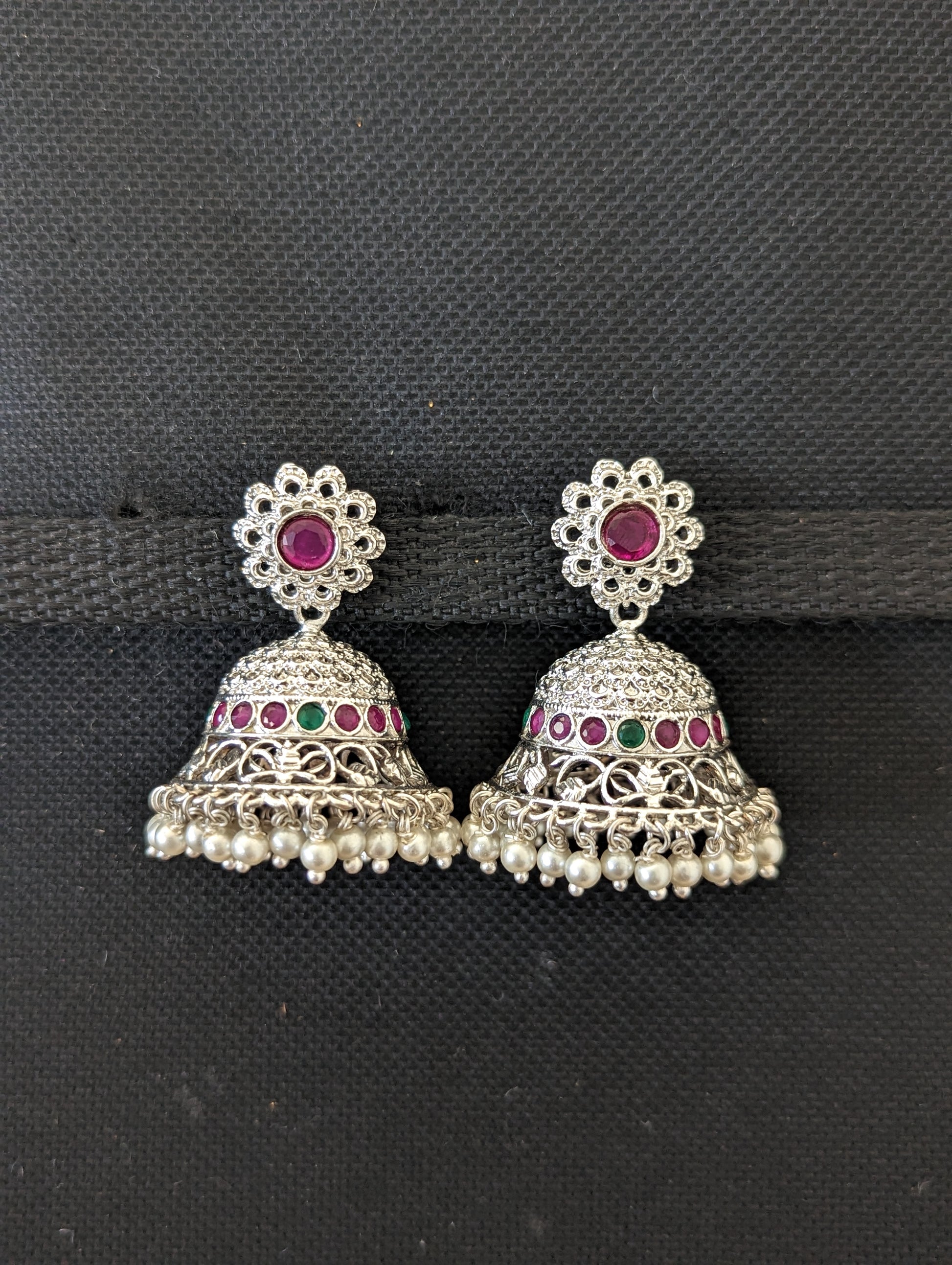 Bright silver rhodium CZ stone jhumka earrings - Simpliful