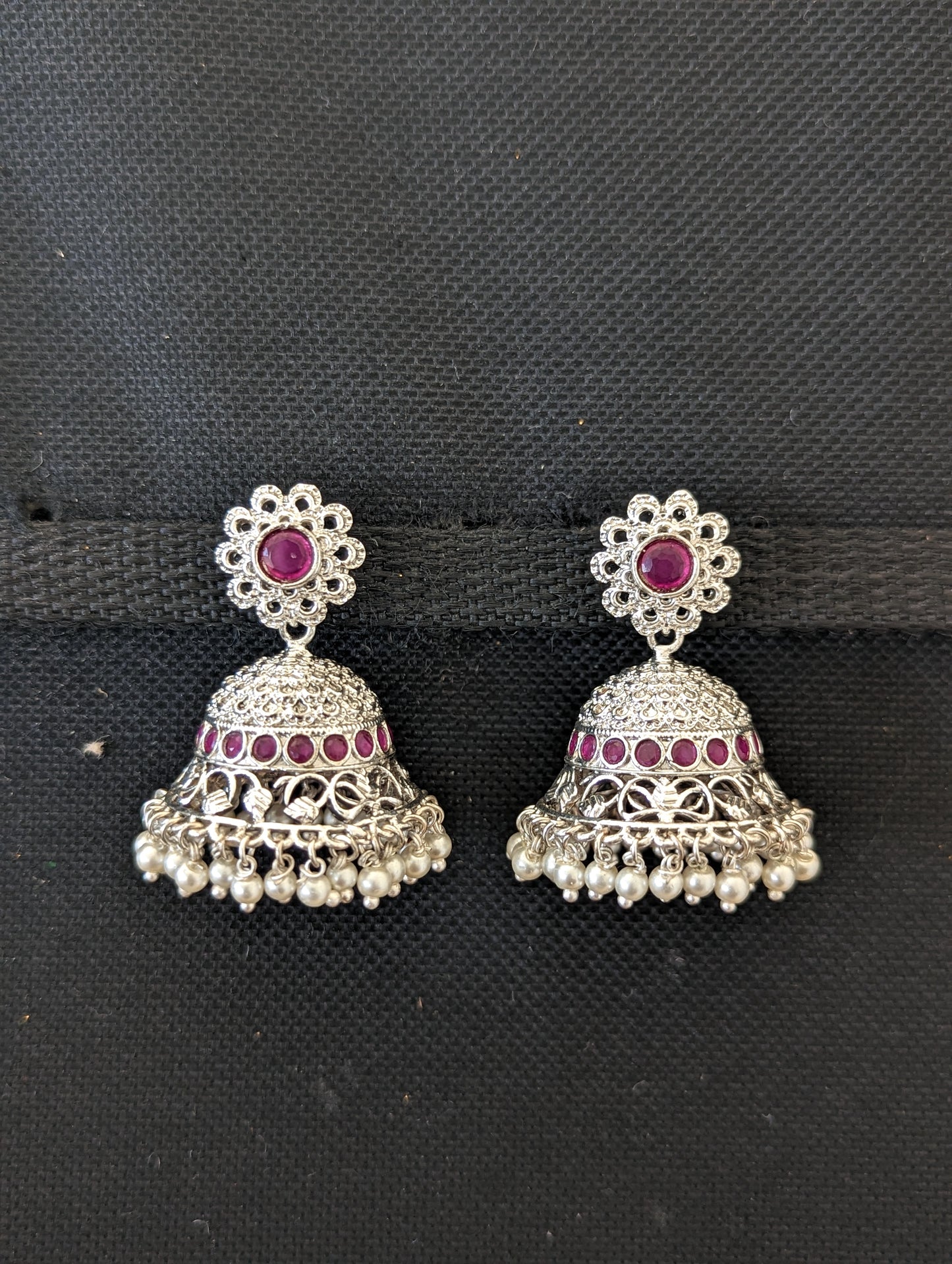 Bright silver rhodium CZ stone jhumka earrings