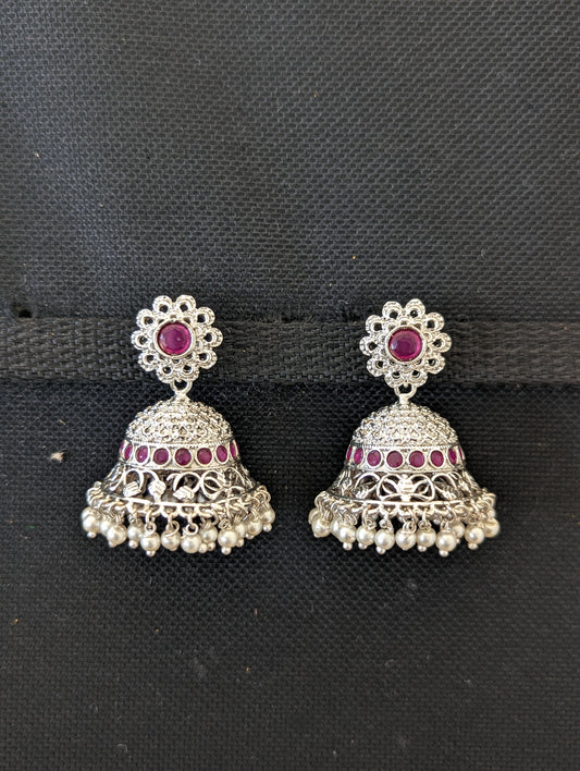 Bright silver rhodium CZ stone jhumka earrings - Simpliful