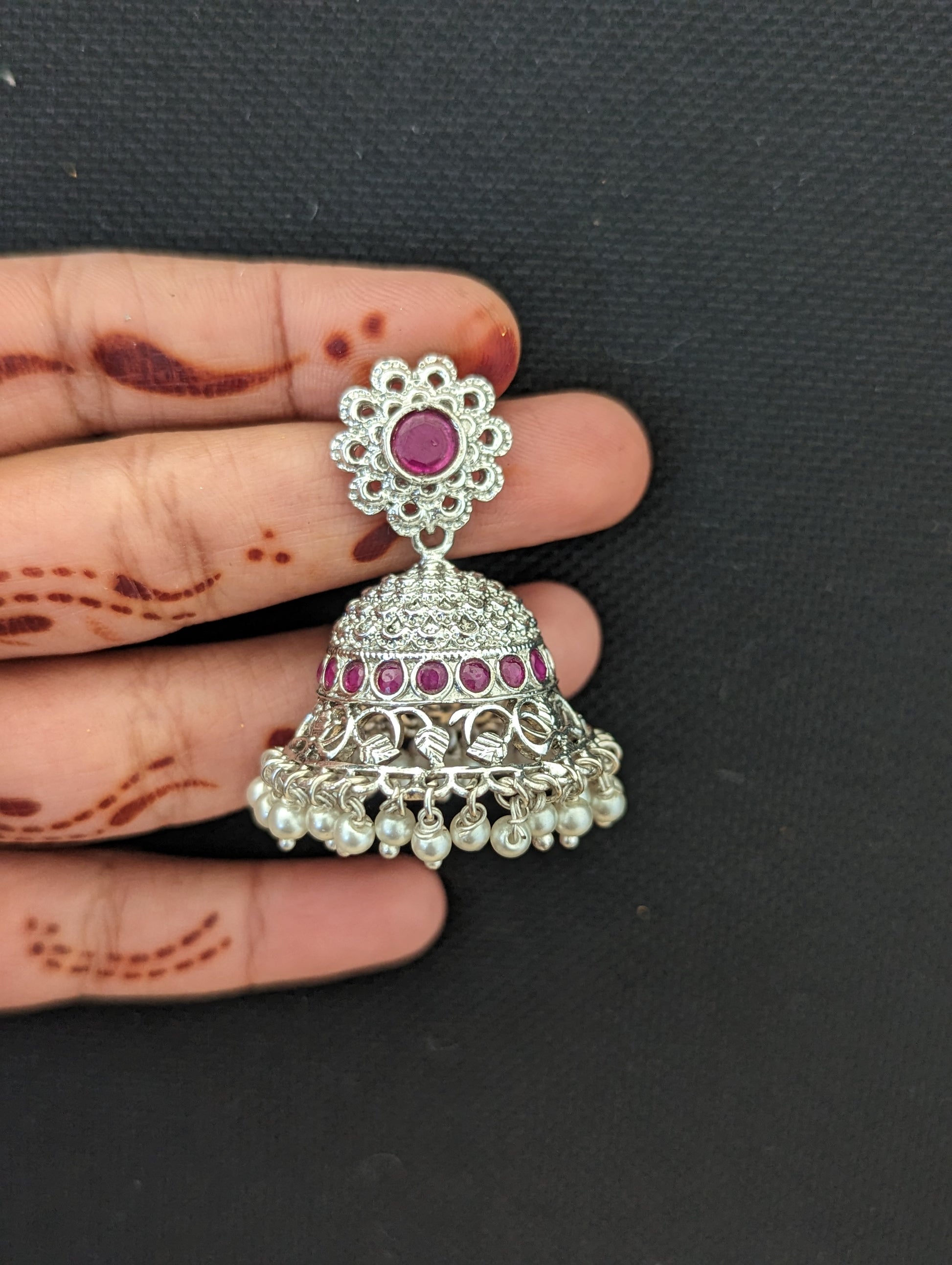 Bright silver rhodium CZ stone jhumka earrings - Simpliful