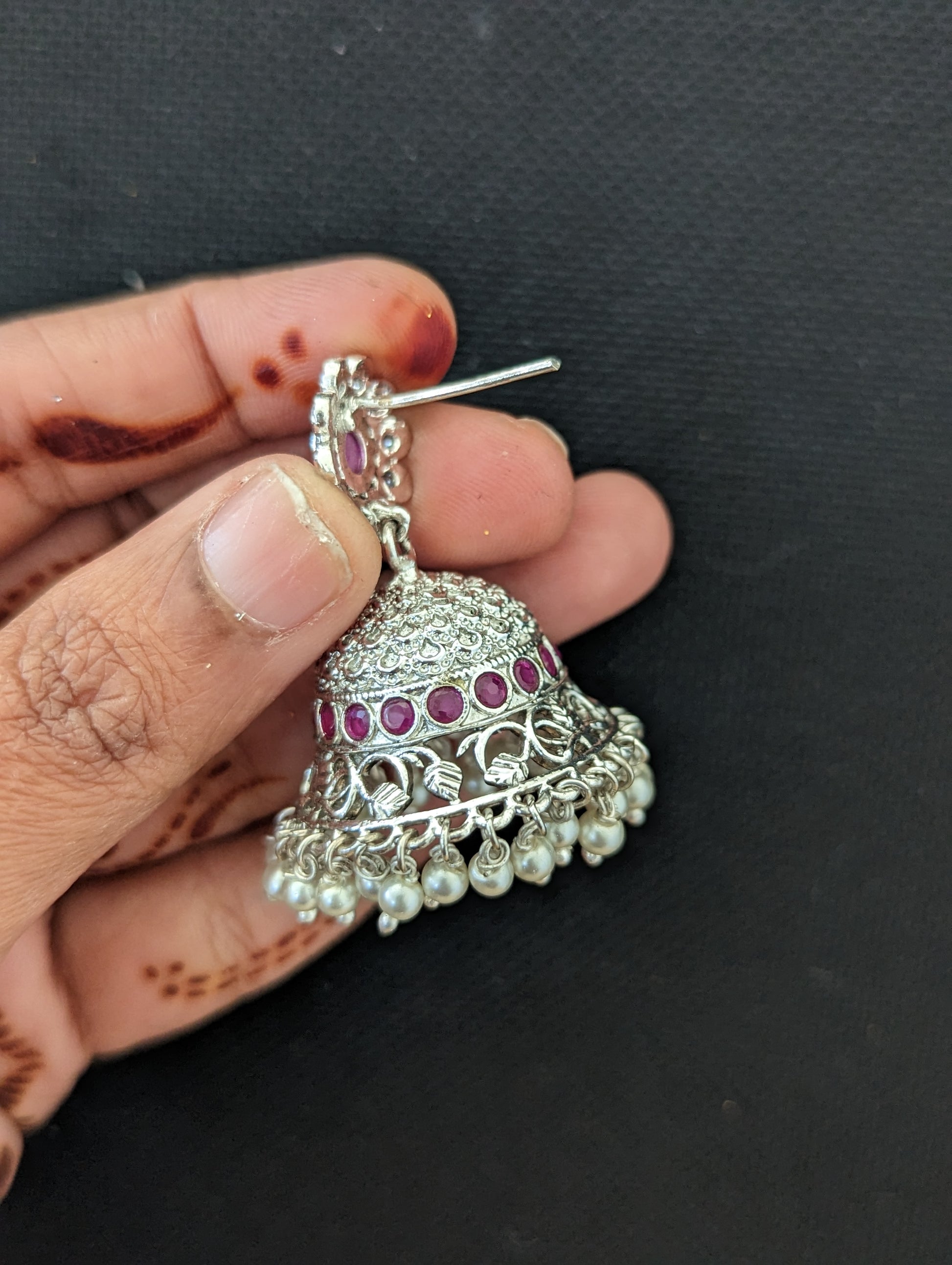 Bright silver rhodium CZ stone jhumka earrings - Simpliful