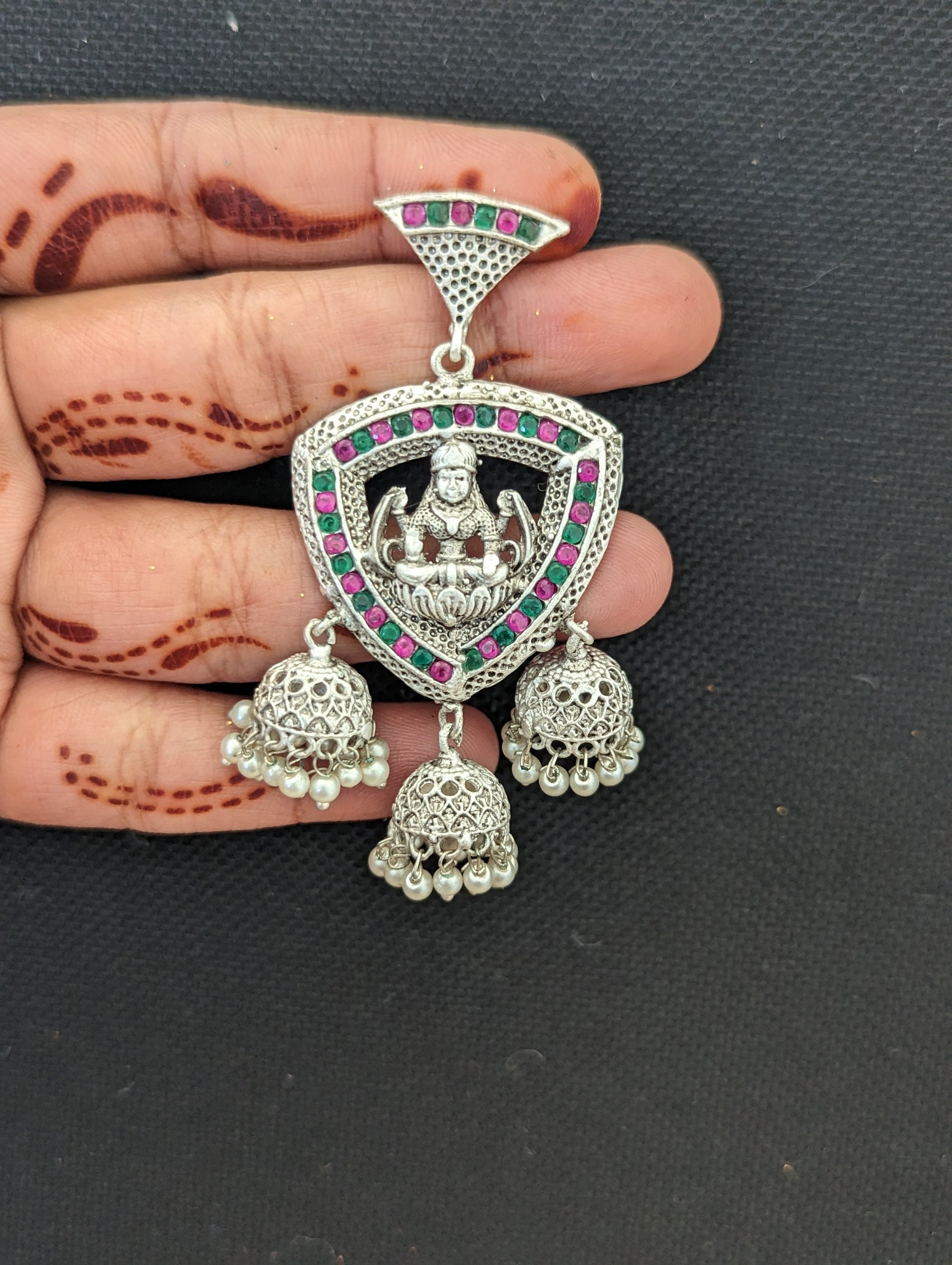 Goddess Lakshmi Triple jhumka bright matte silver earrings - Simpliful
