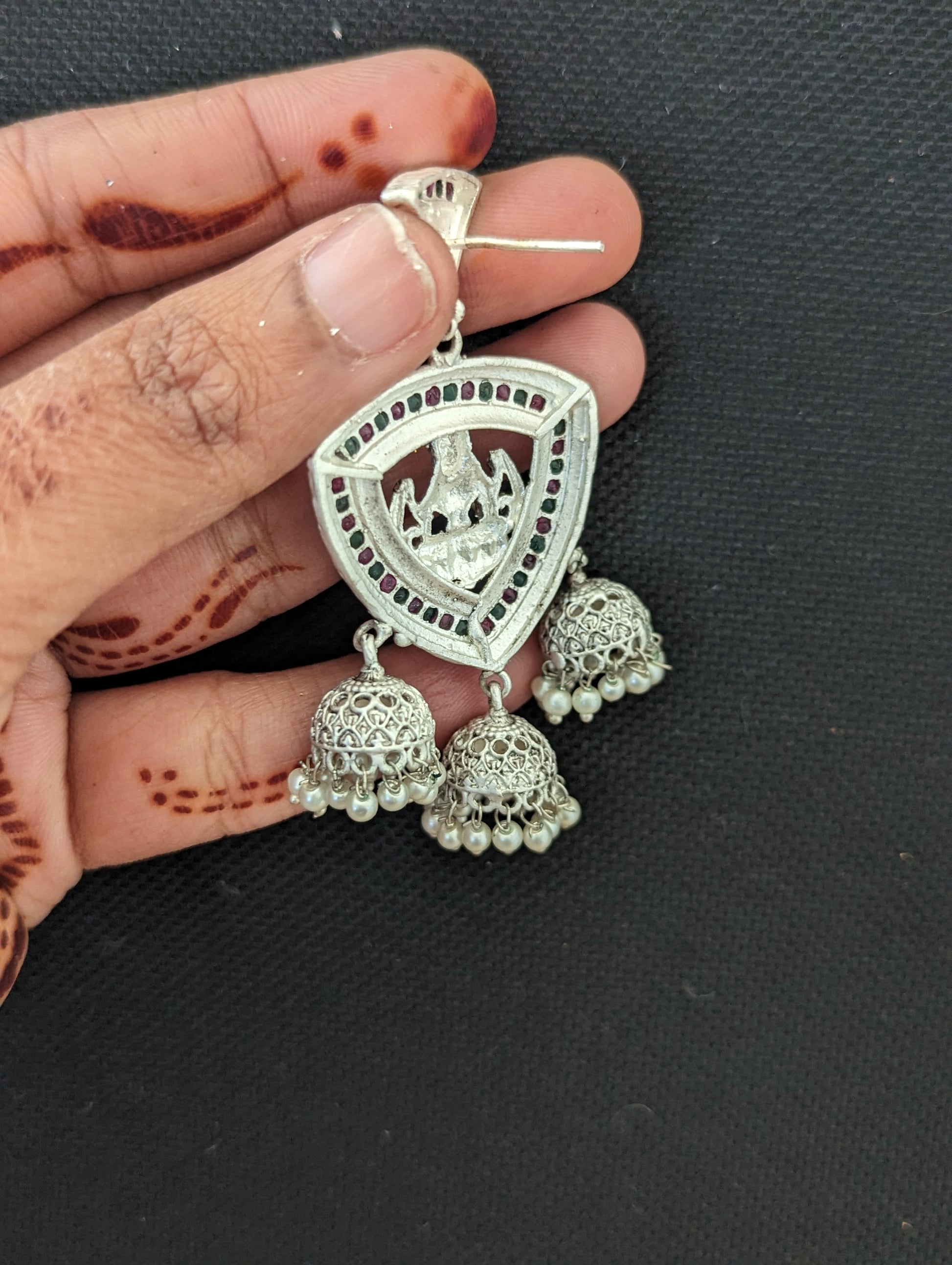 Goddess Lakshmi Triple jhumka bright matte silver earrings - Simpliful
