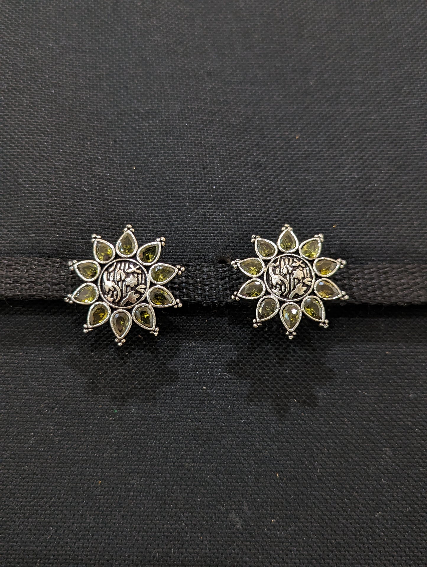 SALE - Oxidized Silver Polki / CZ stone Stud Earrings