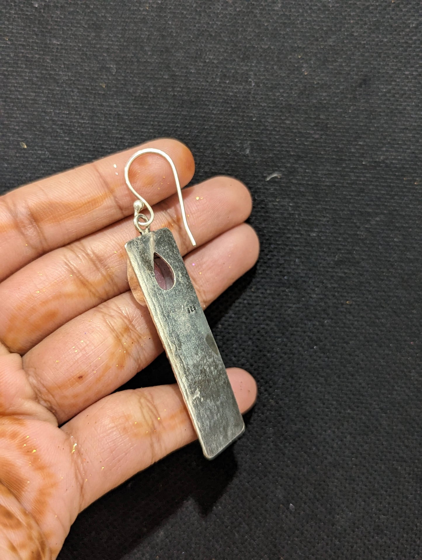 Oxidized silver rectangle Polki dangle earrings - Simpliful