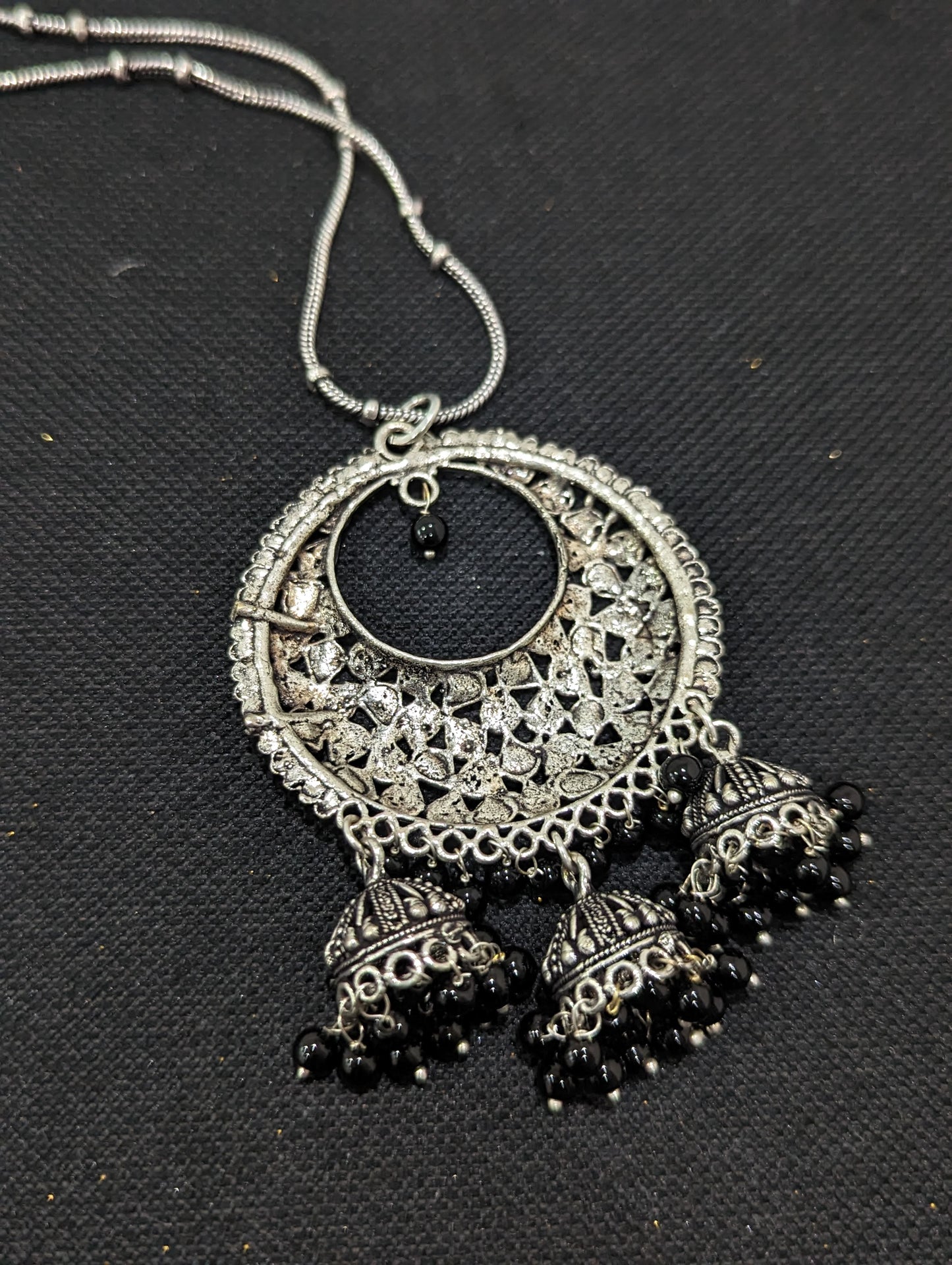 Oxidized Silver jhumka dangle Large Pendant Necklace