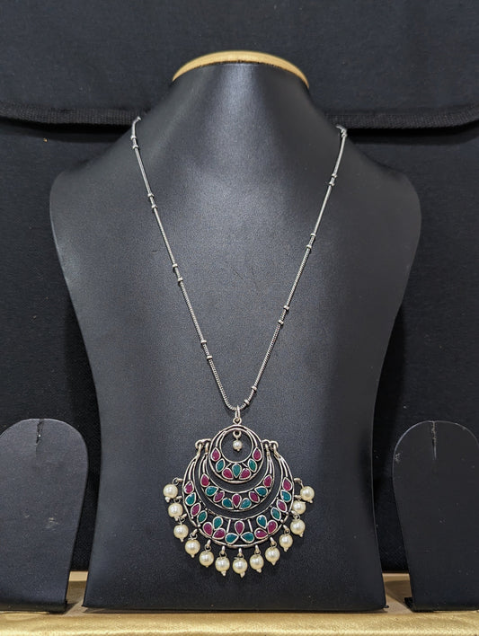 Oxidized Silver Pearl bead dangle Pendant Necklace