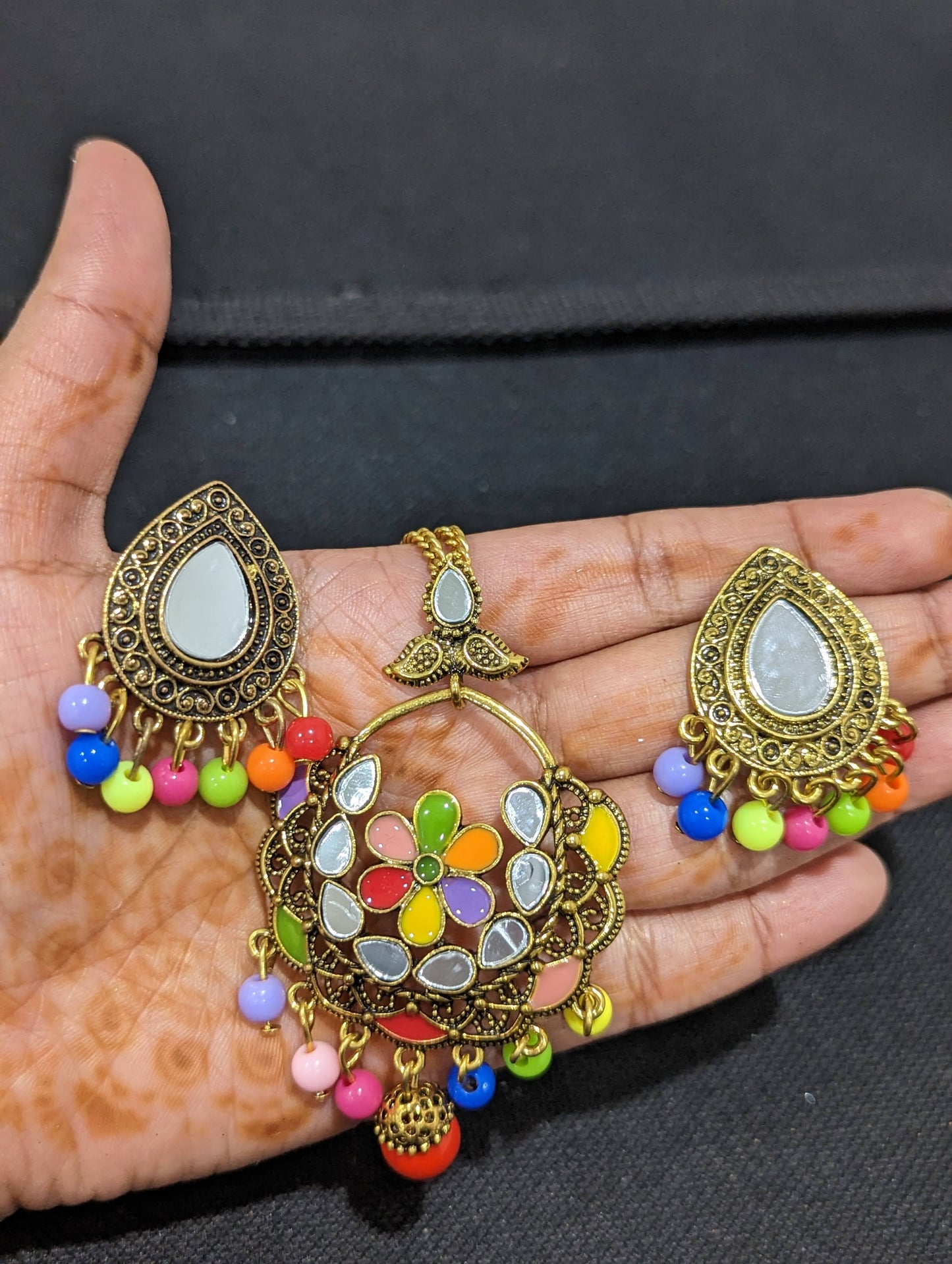 Antique gold mirror pendant chain necklace and earring set - Design 3