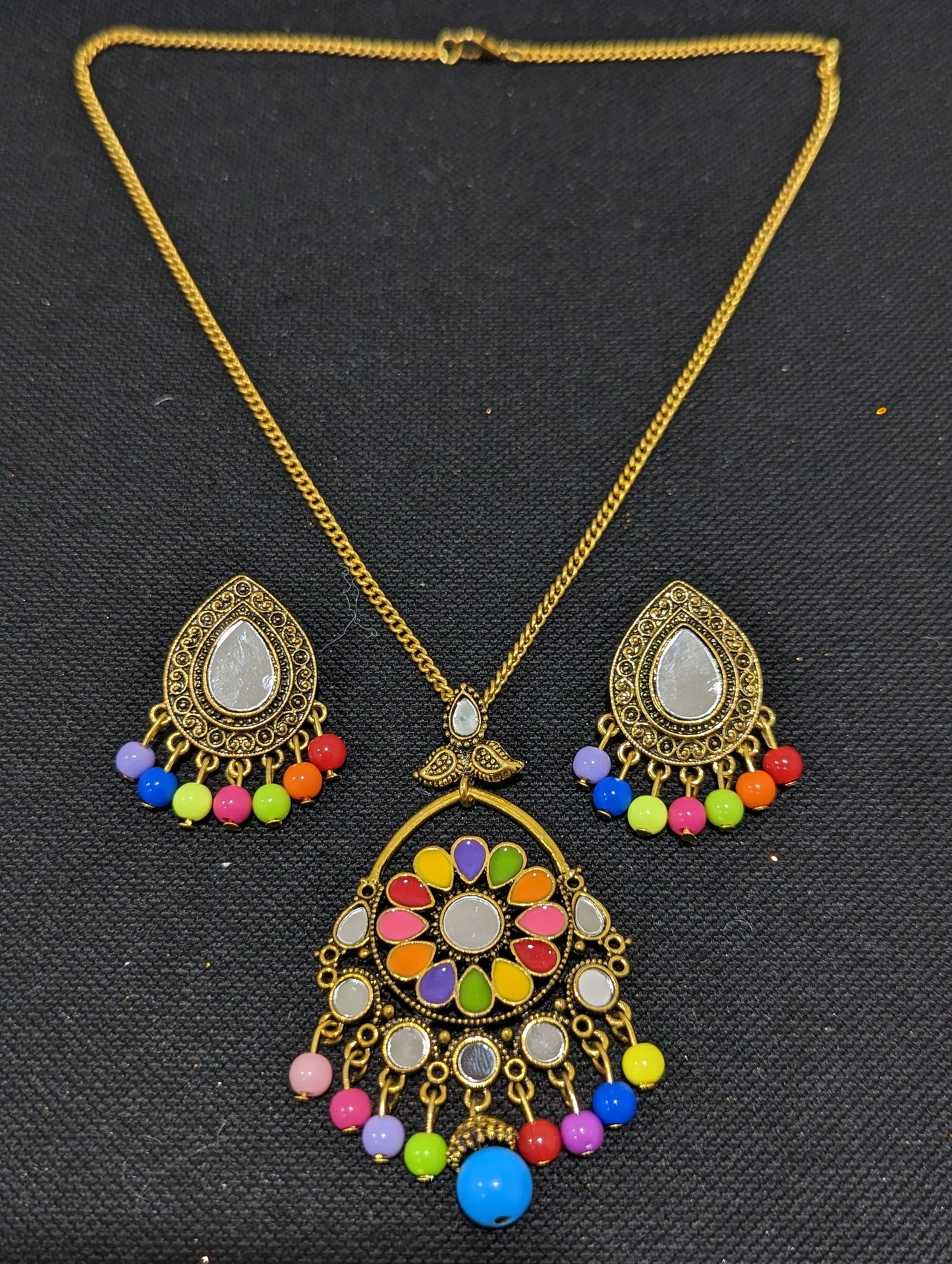 Antique gold mirror pendant chain necklace and earring set - Design 4
