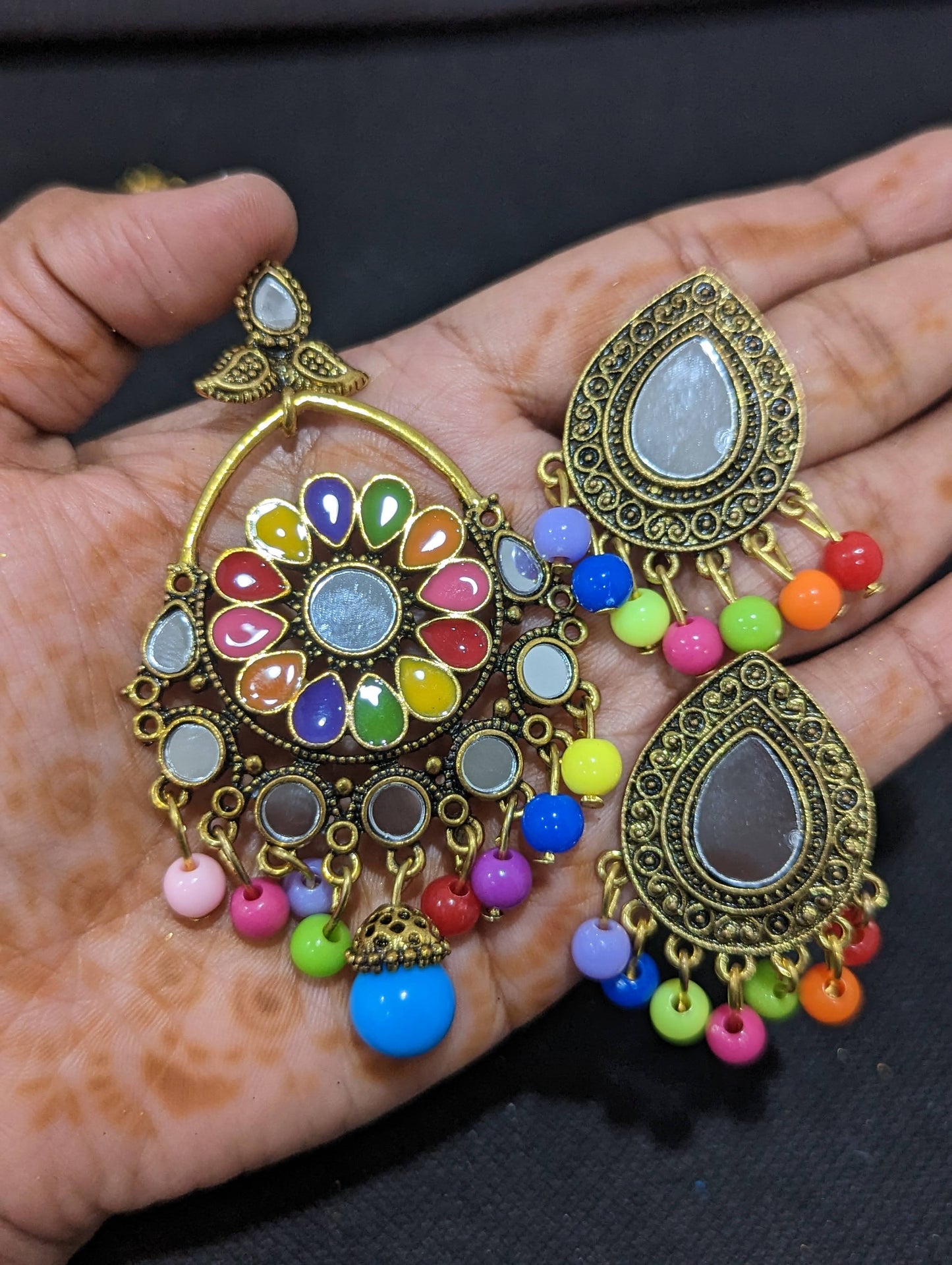Antique gold mirror pendant chain necklace and earring set - Design 4