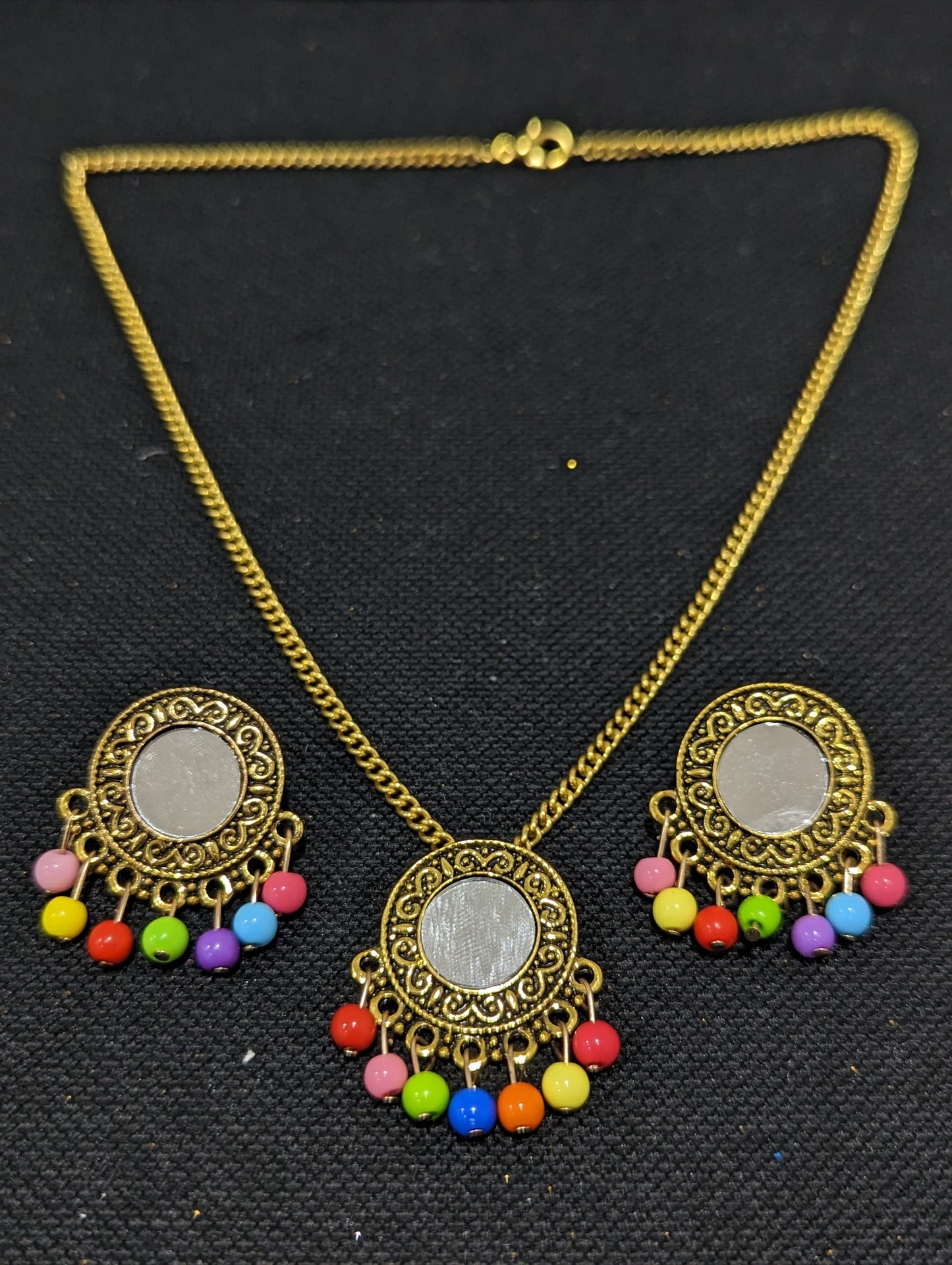 Antique gold mirror pendant chain necklace and earring set - Design 2