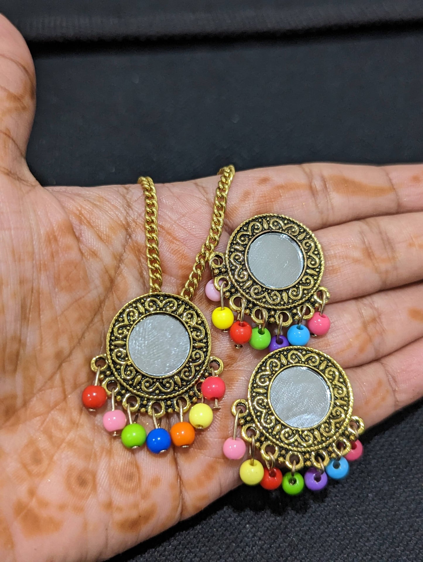 Antique gold mirror pendant chain necklace and earring set - Design 2