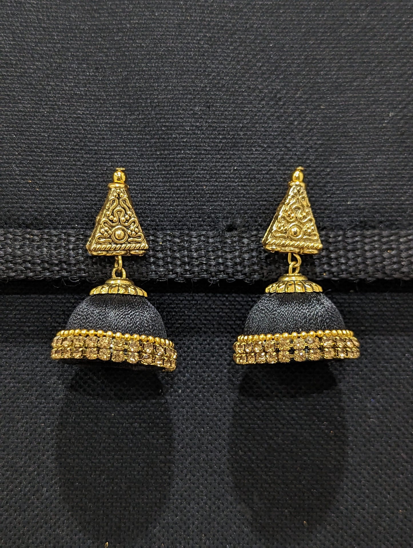 Silk thread medium jhumka with antique gold triangle stud earrings