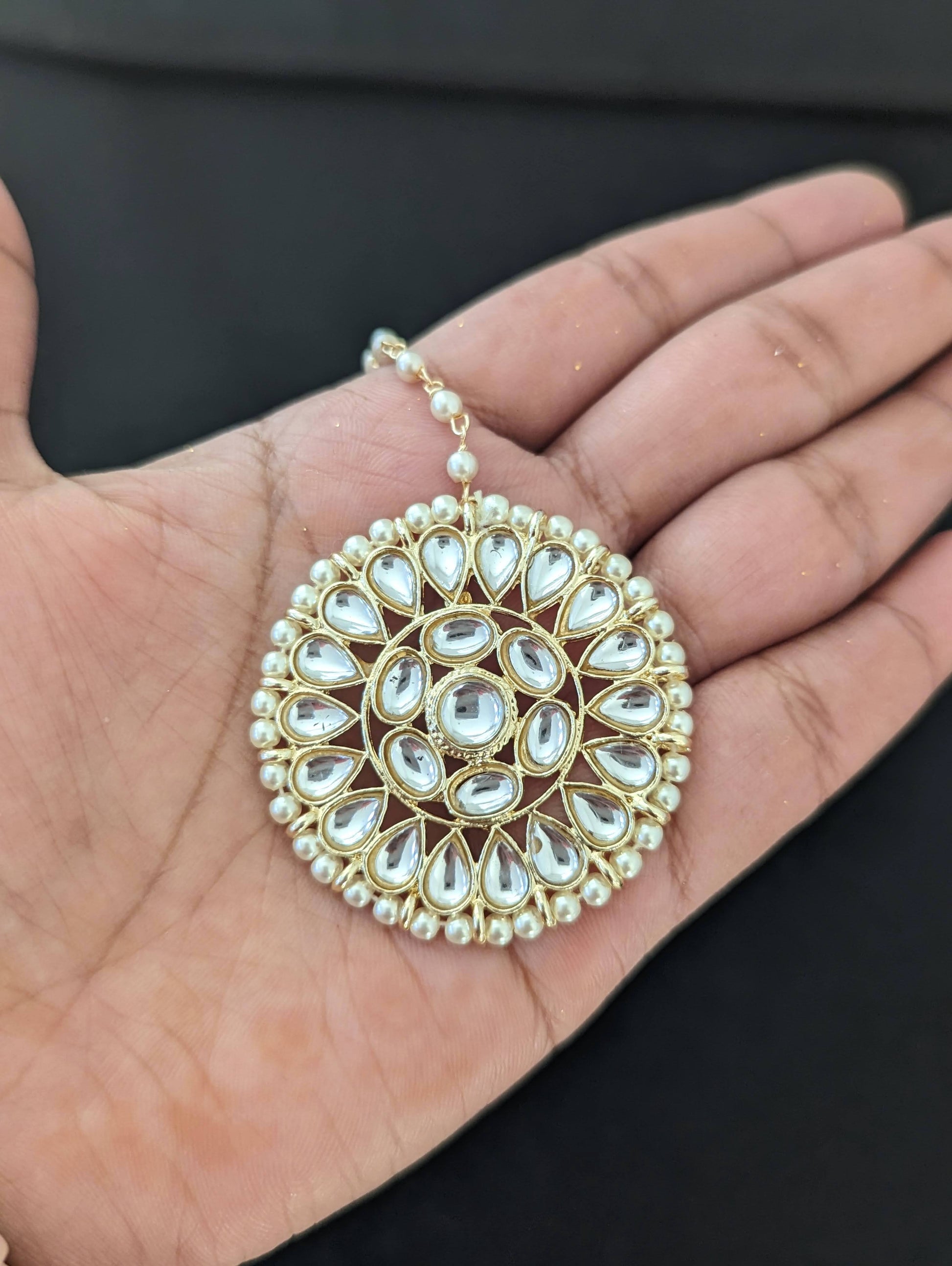Pearl bead surrounded Kundan like stone Round Traditional Maang Tikka - Simpliful