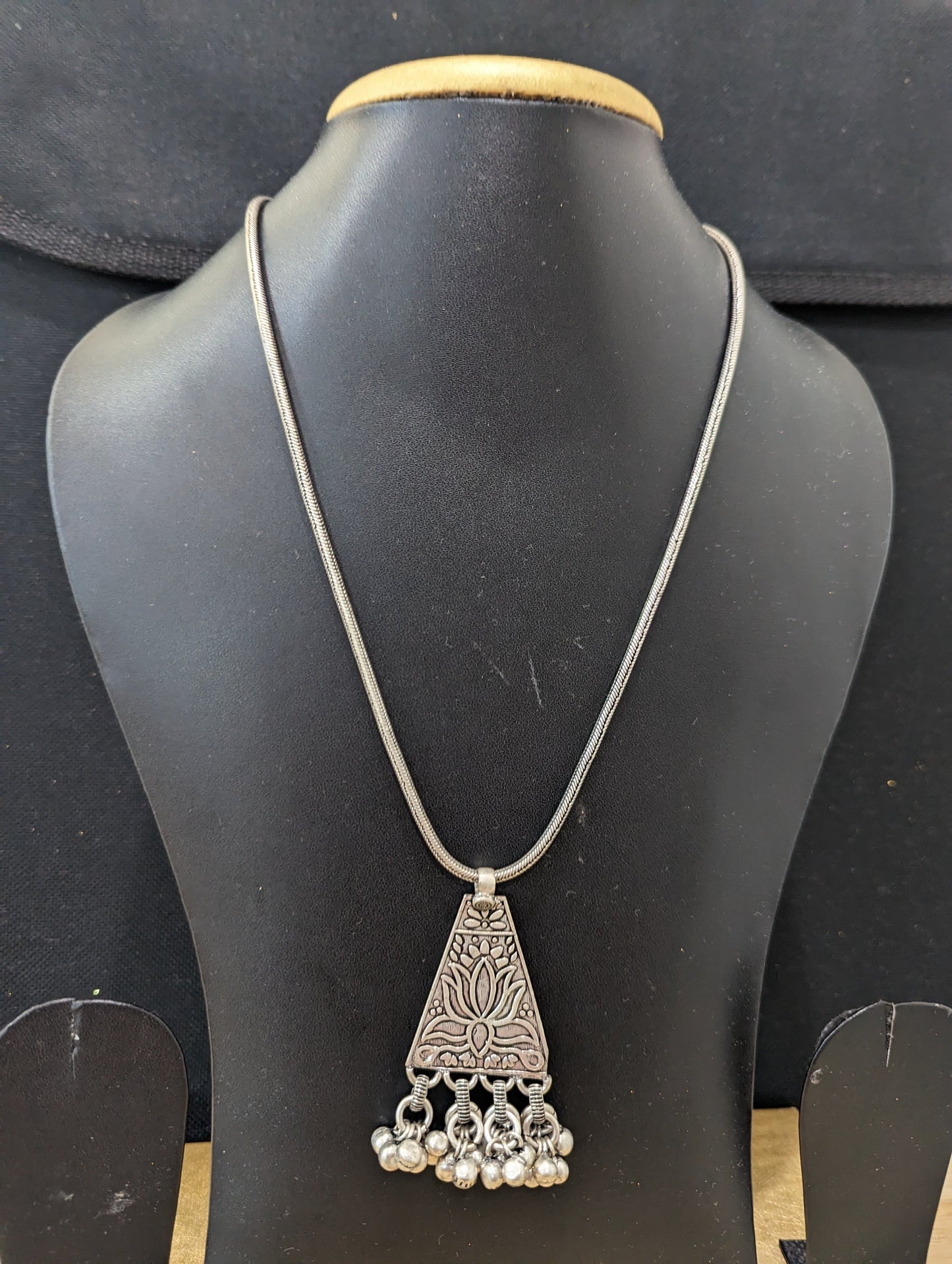 Oxidized ghunghru bead dangle Lotus pendant necklace - Simpliful