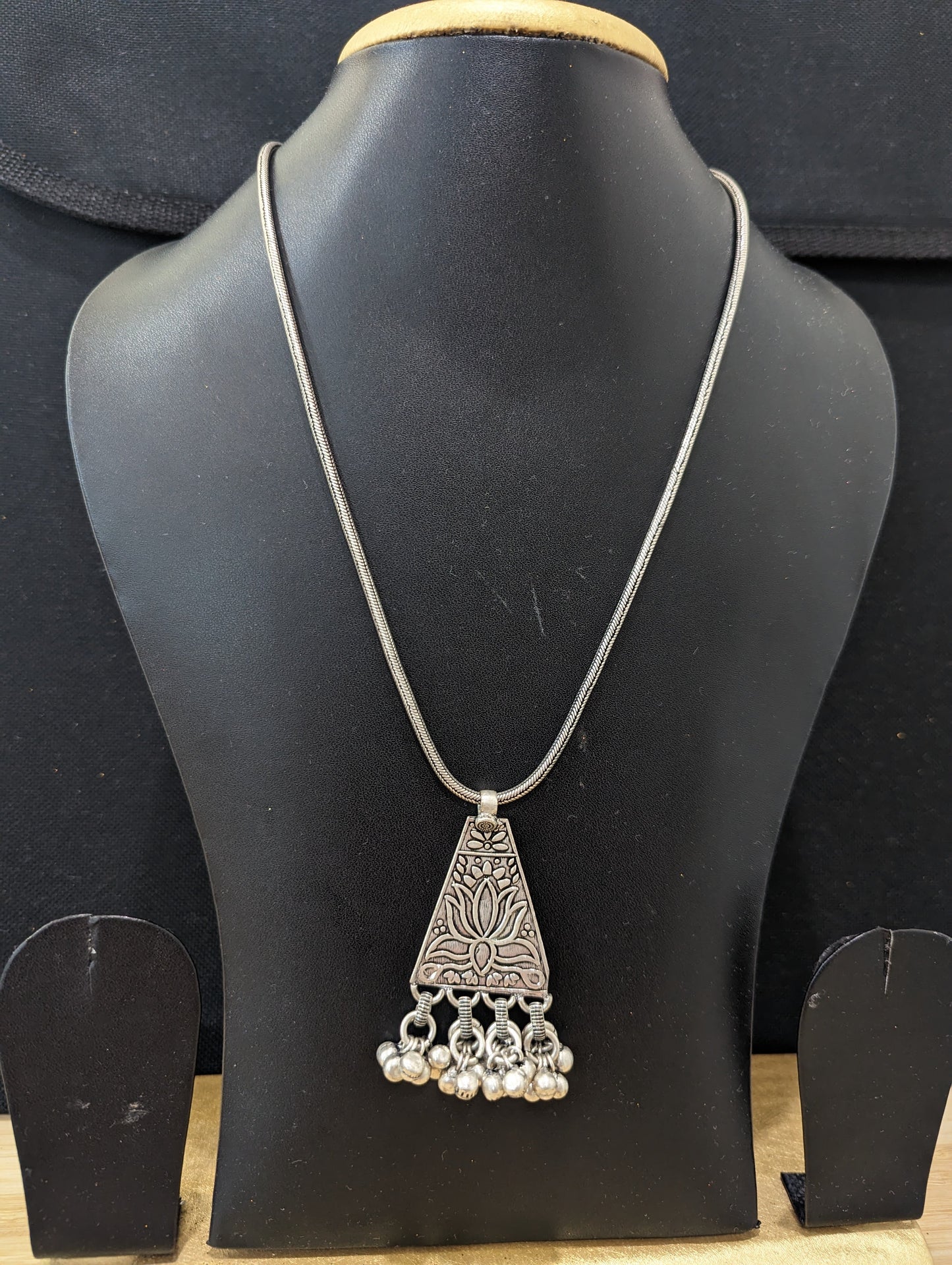Oxidized ghunghru bead dangle Lotus pendant necklace - Simpliful
