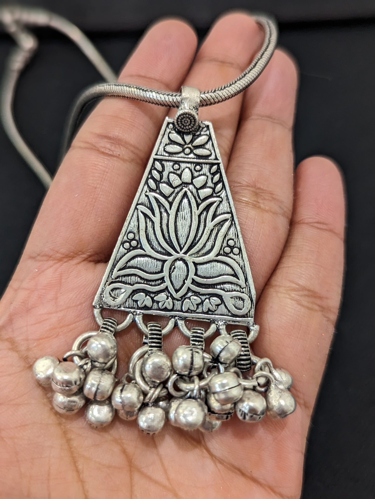 Oxidized ghunghru bead dangle Lotus pendant necklace - Simpliful