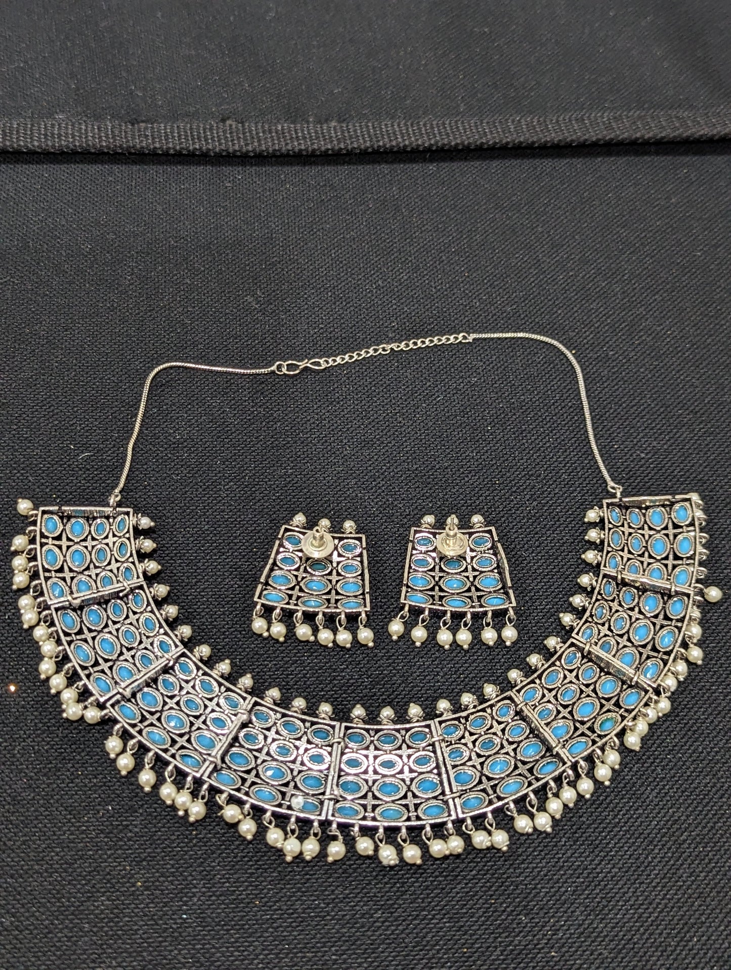Four oval line Oxidized silver Choker Necklace and Earrings set
