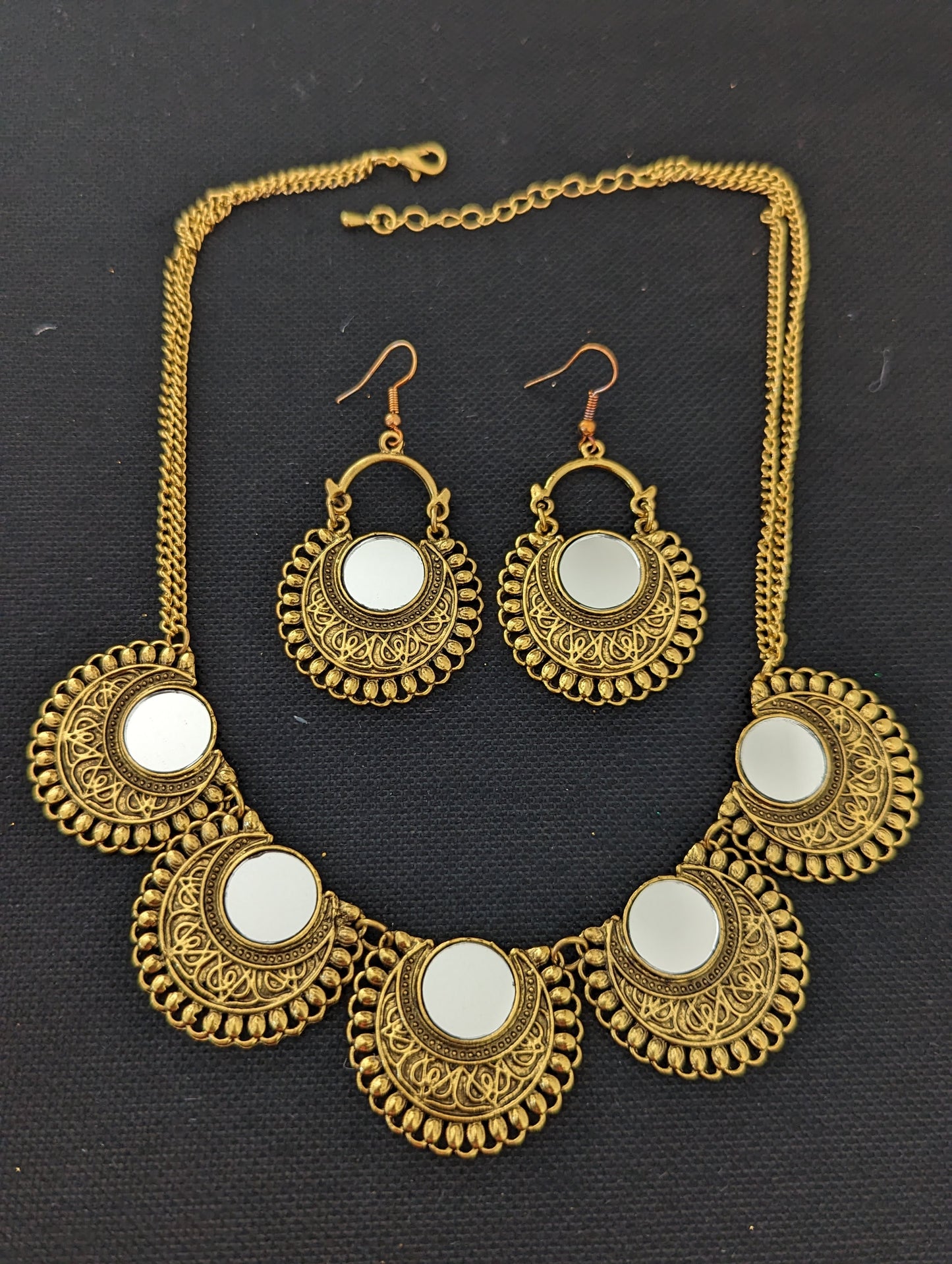 Antique gold mirror chain necklace and earring set