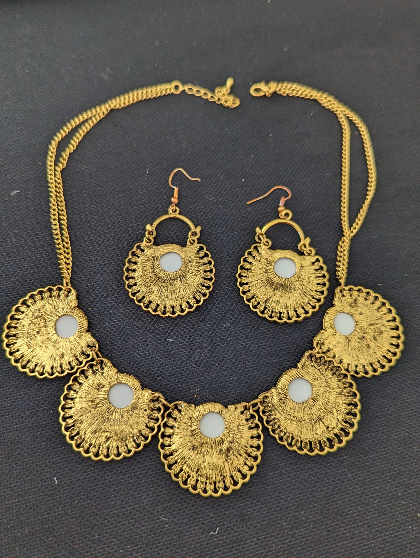 Antique gold mirror chain necklace and earring set